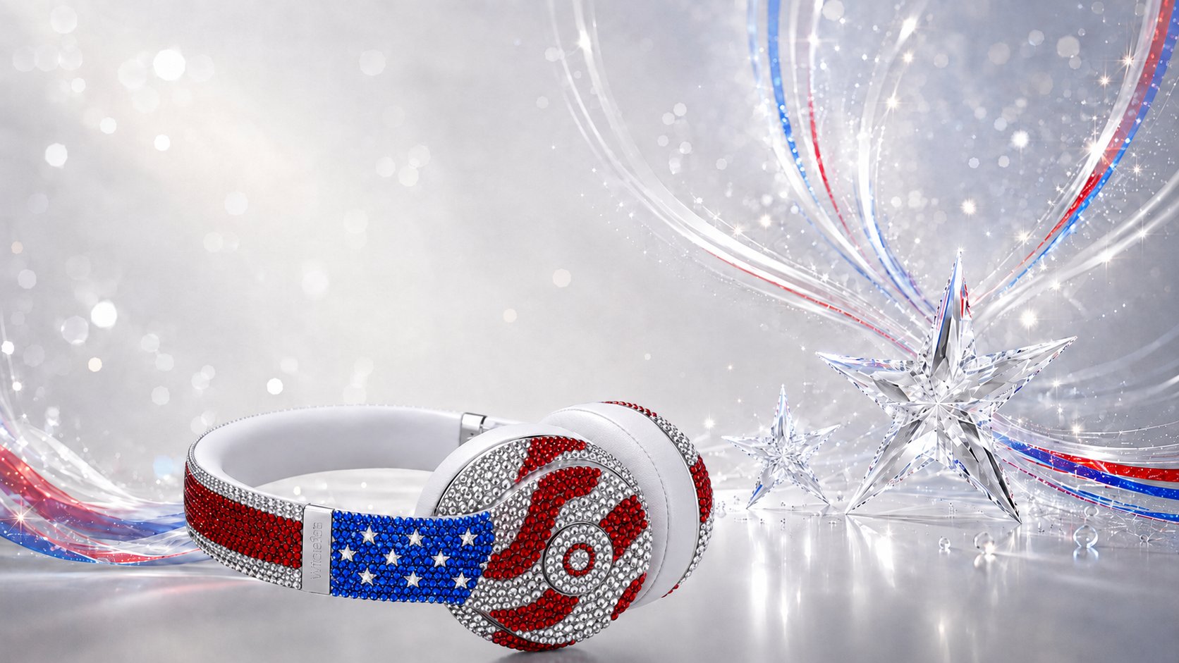 Custom crystal American flag headphones by ICY Couture for the July 4 Stars & Sparkles sale event, celebrating 250 years of American sparkle with luxury red, clear, and blue rhinestone design.