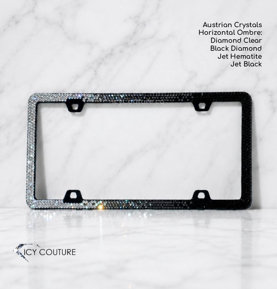 Swarovski Crystal License Plate Frame with 4 holes in Clear to Black Horizontal Ombre Design by ICY Couture with description of custom options.