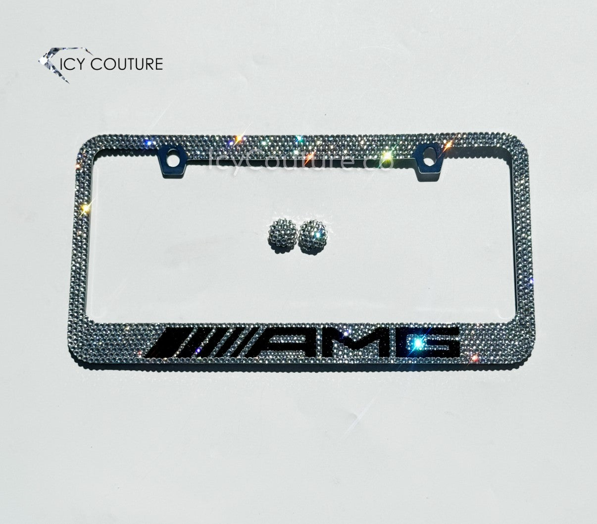 Custom AMG Mercedes crystal license plate frame with Diamond Clear Swarovski Crystals by ICY Couture