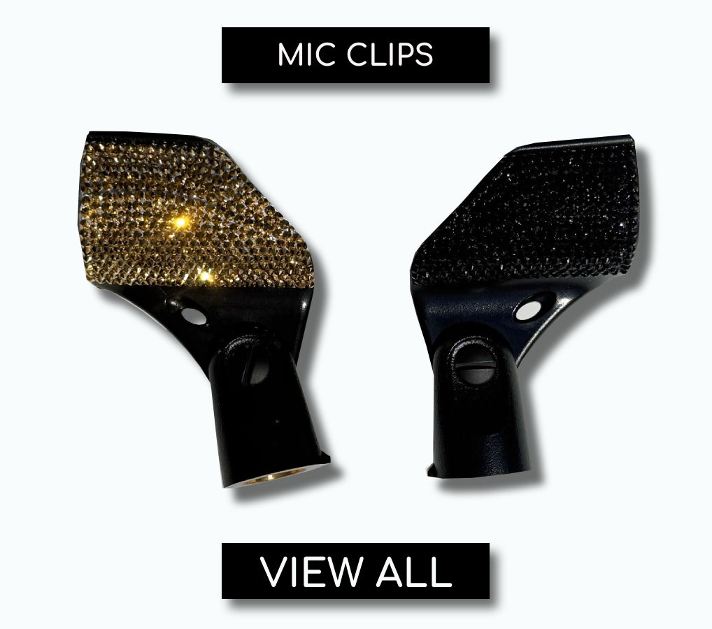 Custom Crystal Mic Clips In Jet Black & 24K Gold Crystals — Luxury Stage Microphone Accessories For Artists, DJs, And Hosts By ICY Couture