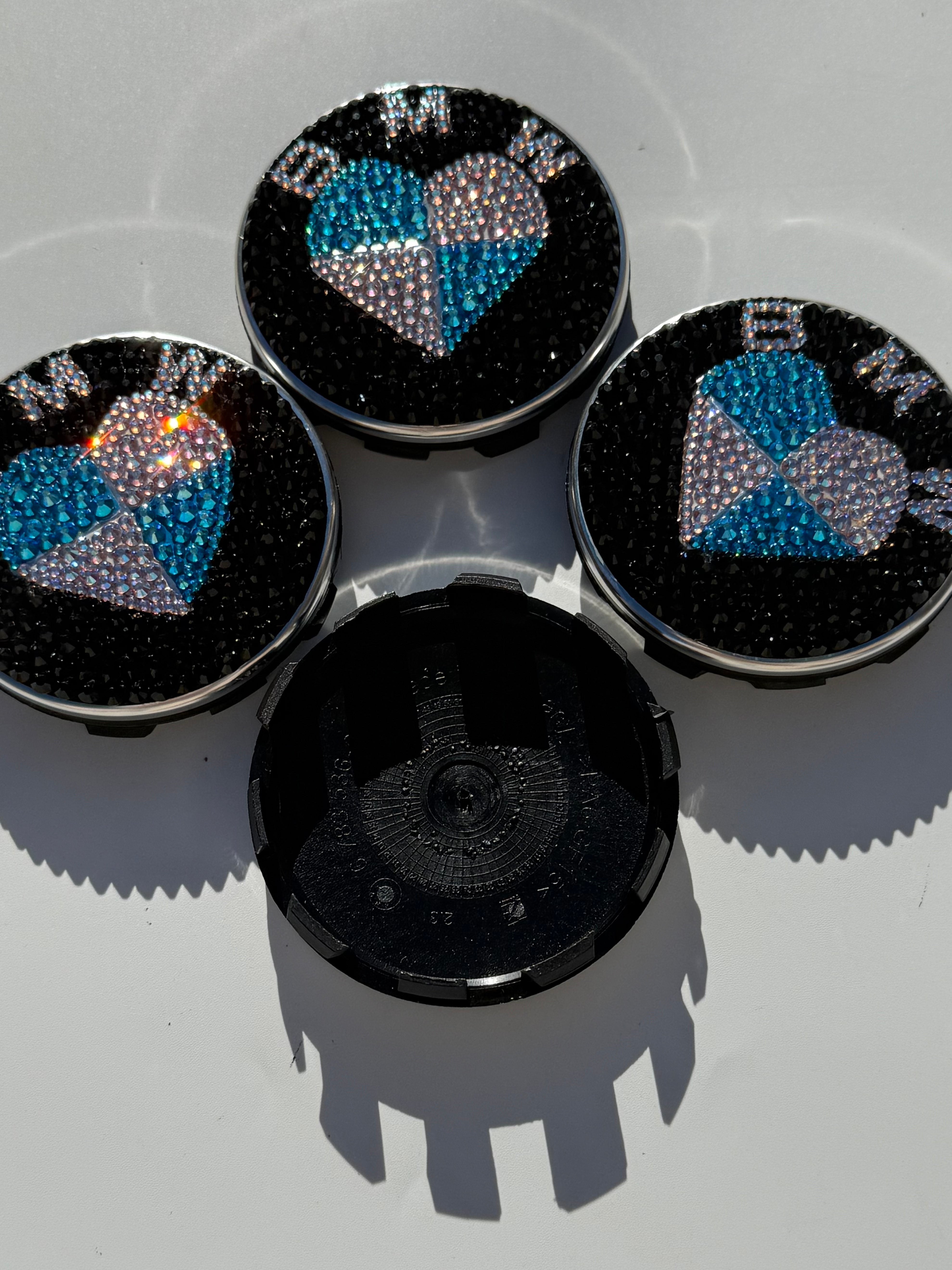 Set Of Four 68mm BMW Wheel Center Caps With Jet Black And AB Rhinestones