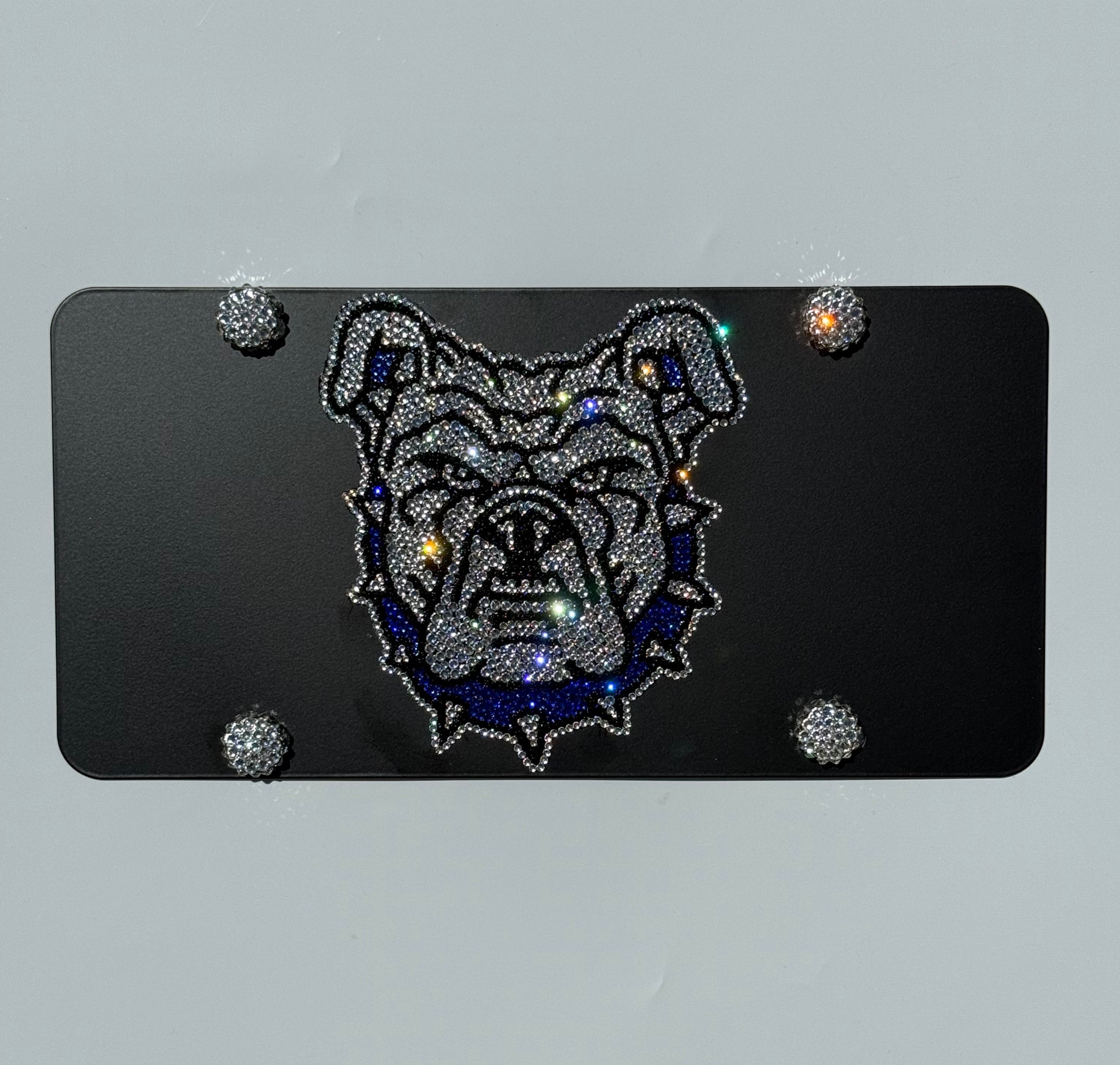 Black license plate with custom crystallized Bulldog portrait - luxury vanity bling car plate by ICY Couture 