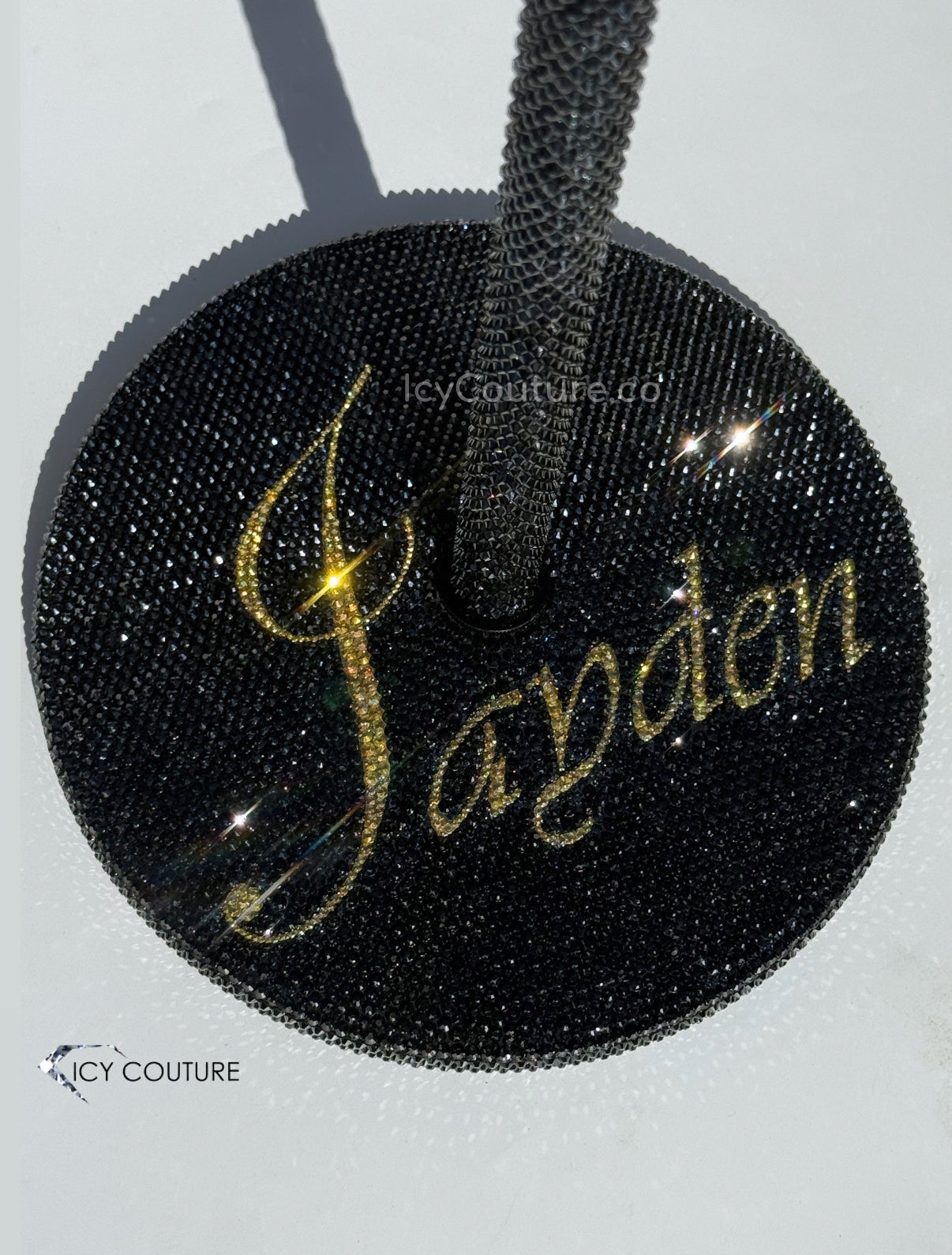 MICROPHONE STAND WITH CUSTOM NAME BEDAZZLED IN GOKLD RHINESTONES BY ICY COUTURE