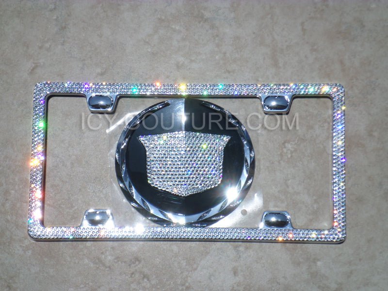 Diamond Cadillac Emblem with matching bling license plate frame crystallized by ICY Couture with Swarovski Crystals