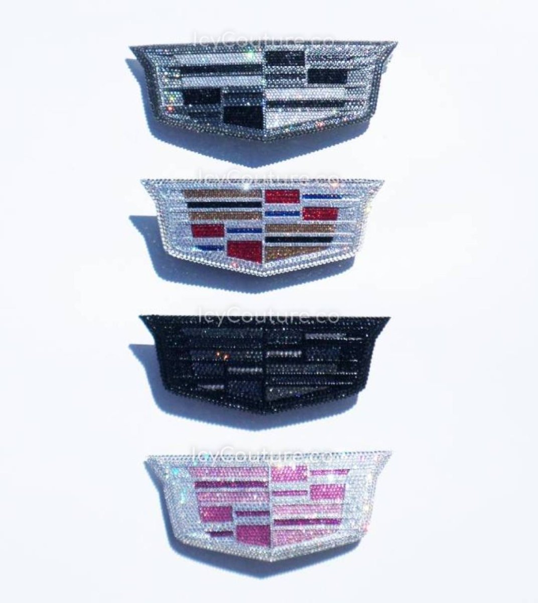 Cadillac Front/Grille and Back Rear Tailgate Emblems in Custom Colors Crystallized with Swarovski Crystals - Blacked out, Pink Cadillac Emblem, Original Colors, Silver Theme by ICY Couture