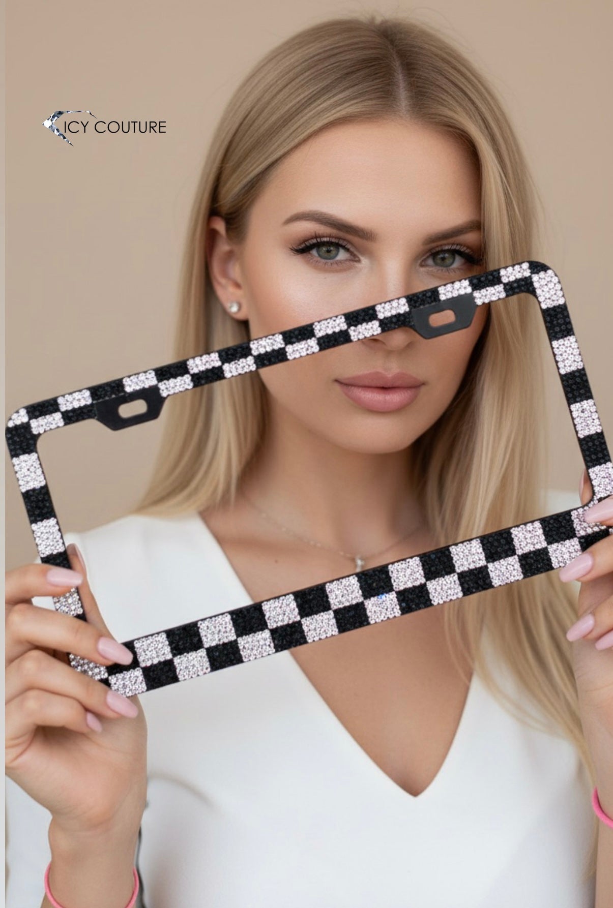 Model Holding Checkers Crystal License Plate Frame With Clear And Jet Black Rhinestones