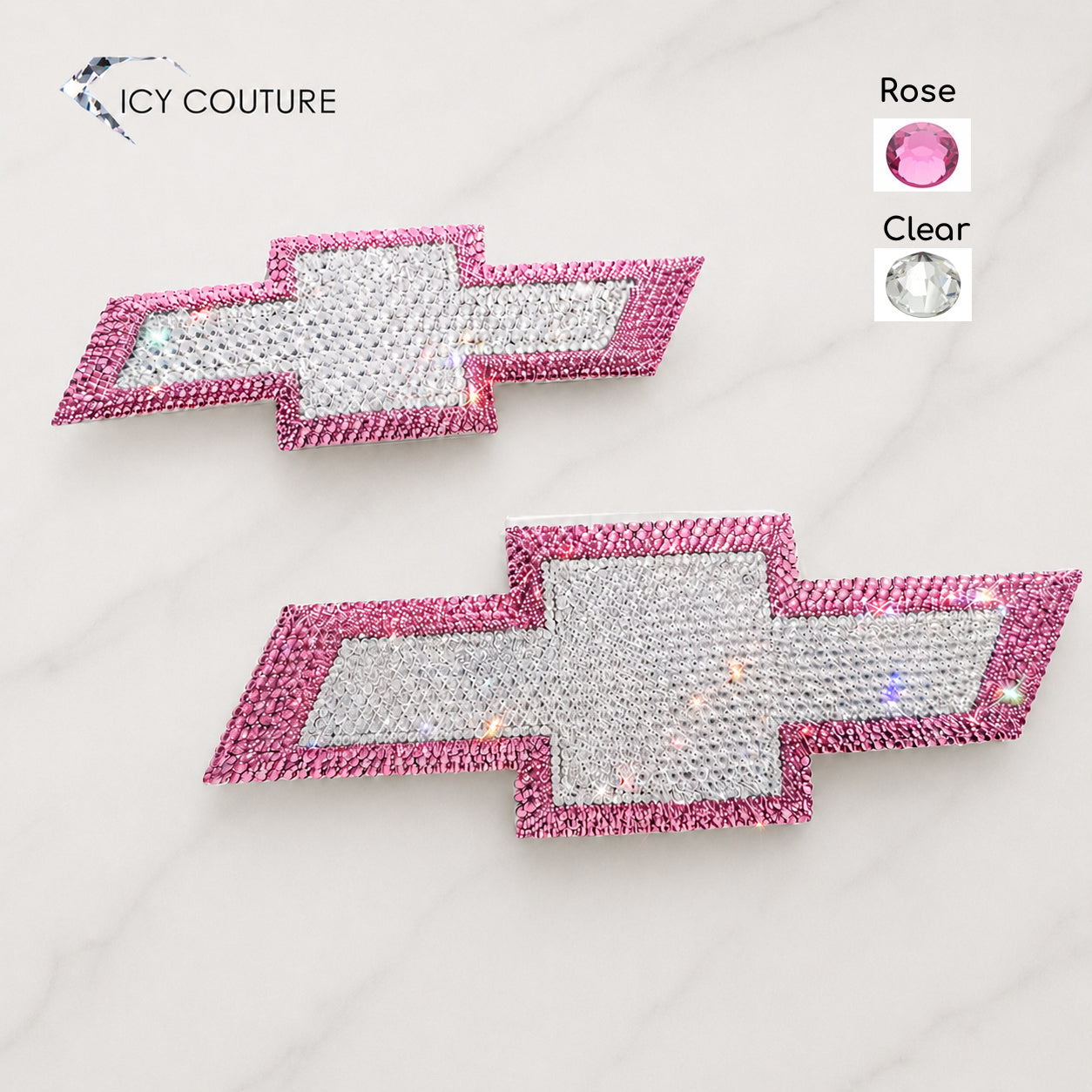Pink and Clear Crystals Chevy Front and Back Emblems  — Genuine Replacement parts 84701878 And 84742614 custom crystallized by Icy Couture