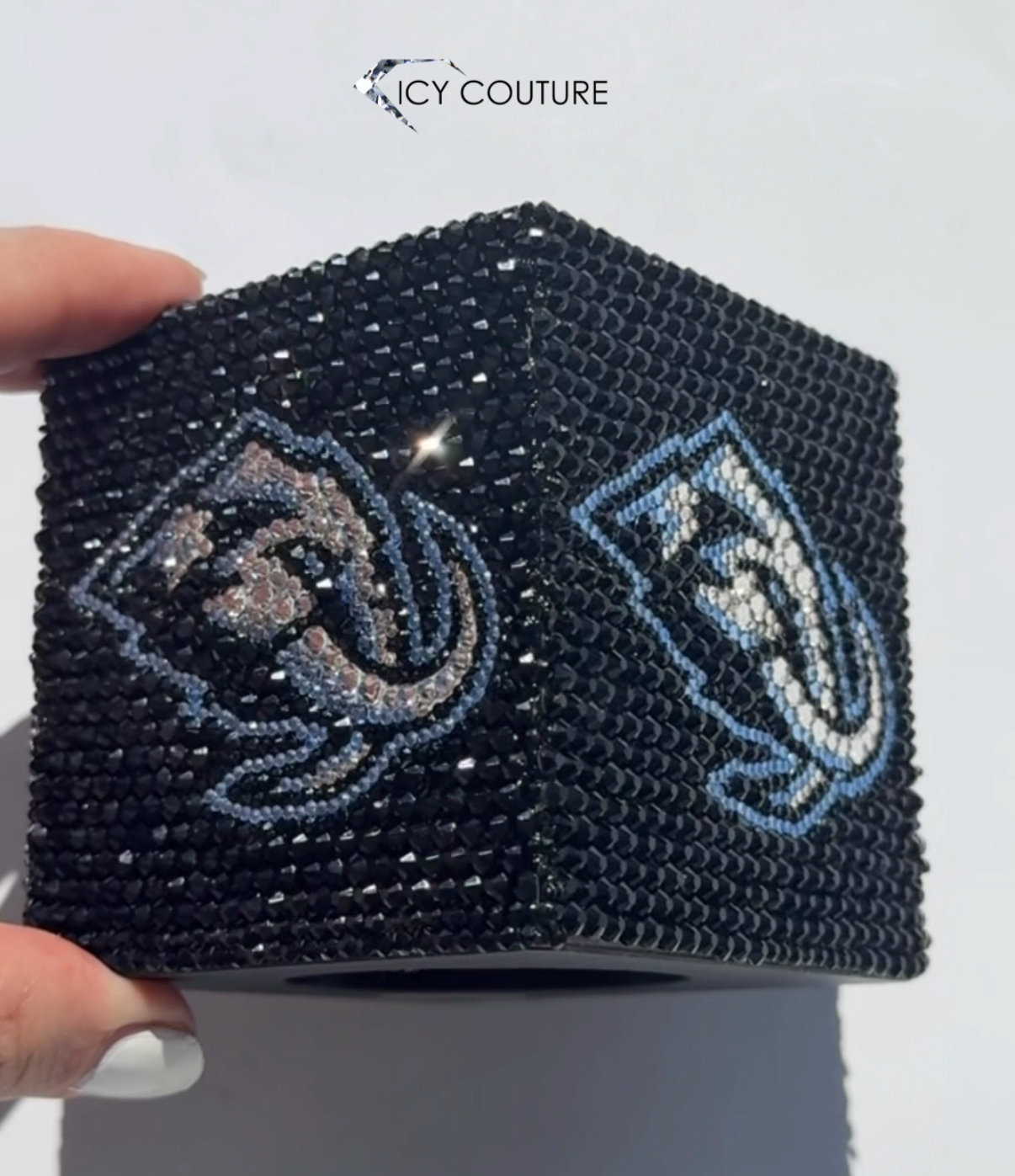 Square Microphone Flag Crystallized in Custom Logo Mammoth Design on black rhinestone background - luxury branding by ICY Couture