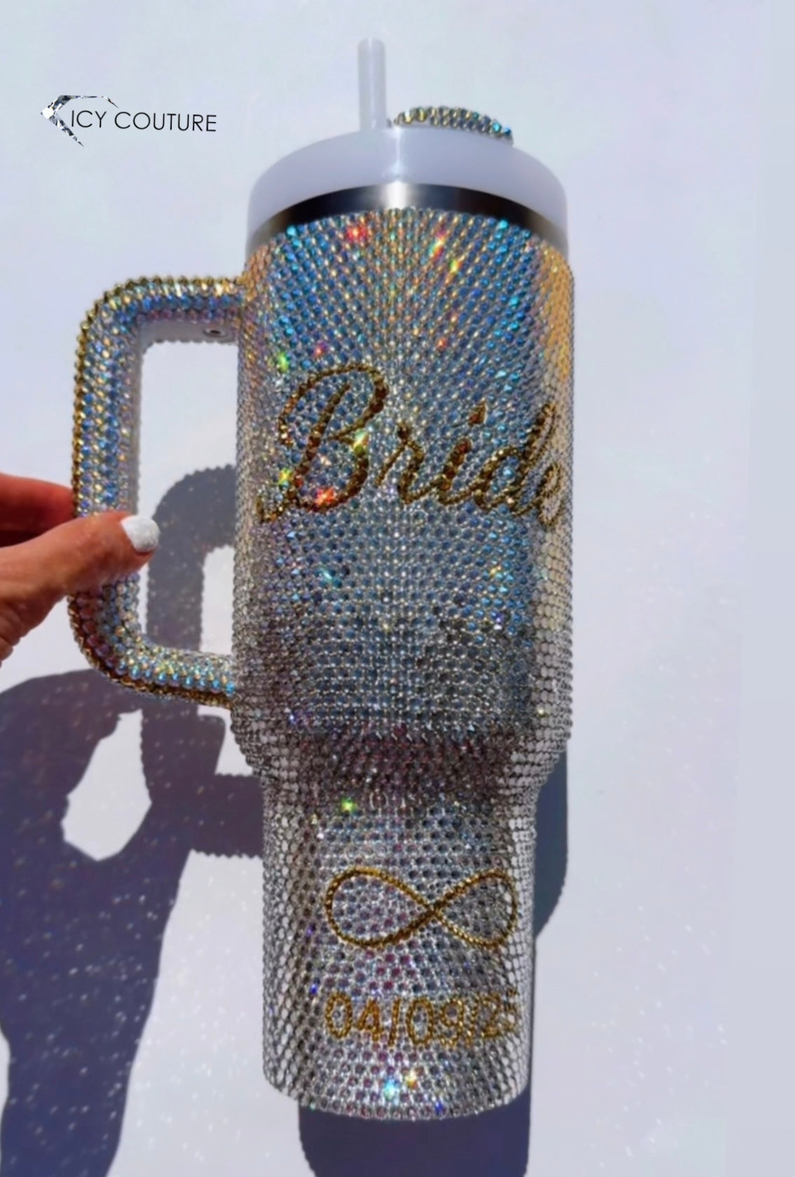 Swarovski Bridal Tumbler Crystallized on Off-White Ombre Fading Effect with gold spelled out Bride and infinity symbol with the date in 24K Gold. 
