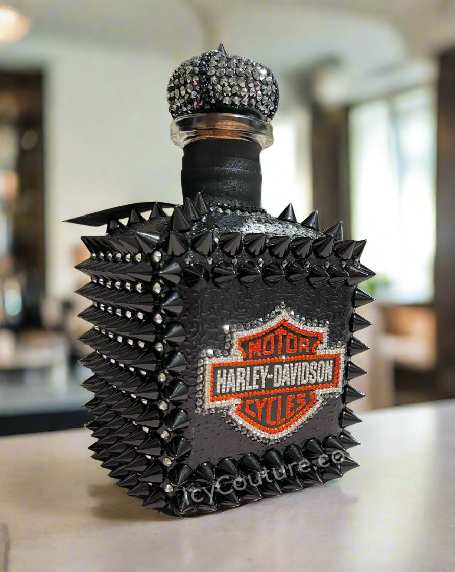 Don Julio Bottle Customized with Harley Davidson Logo, Rhinestone Chains and Swarovski Crystals.