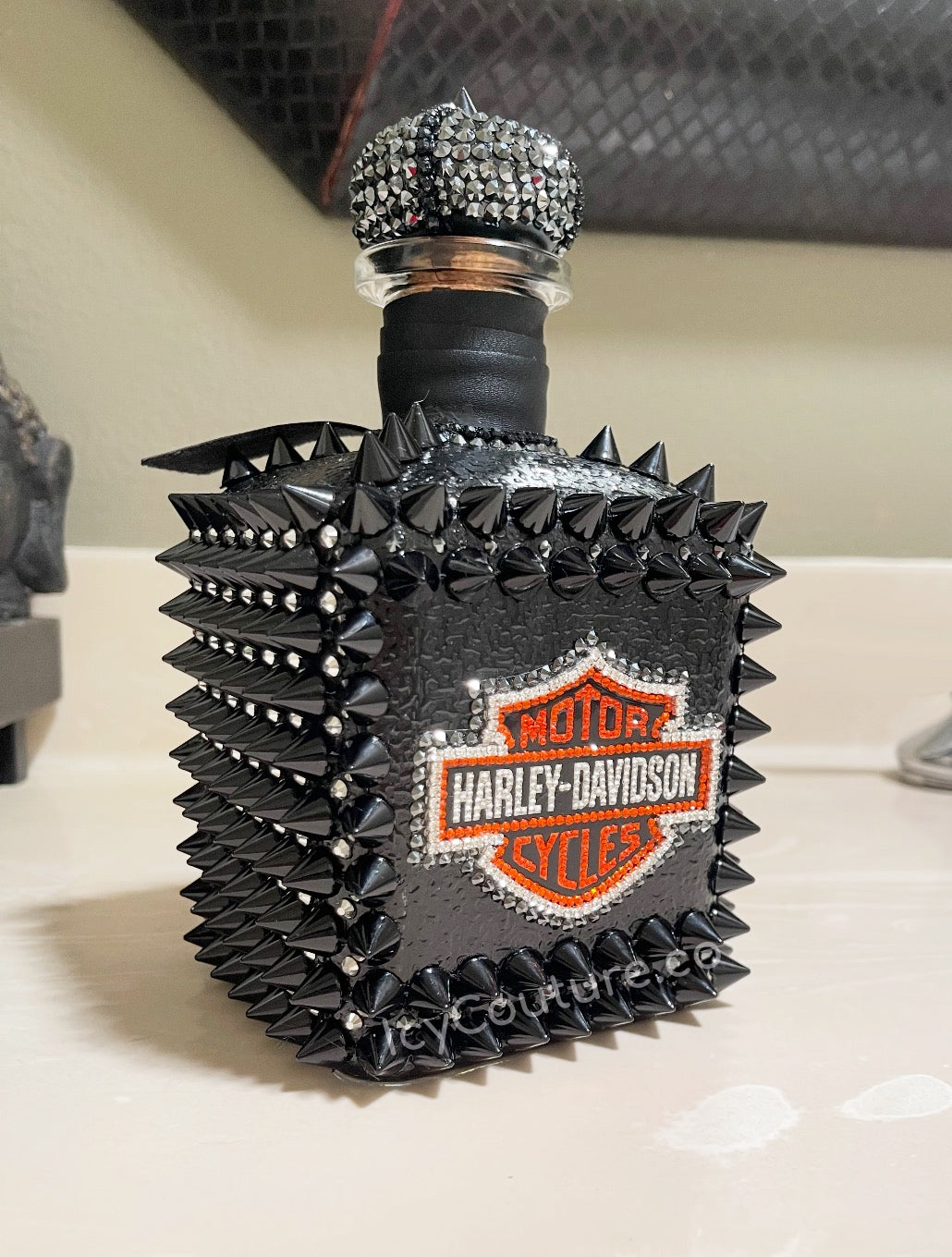 CUSTOM DON JULIO TEQUILA BOTTLE WITH SPIKES & HARLEY DESIGN | LUXURY GIFTS BY ICY COUTURE