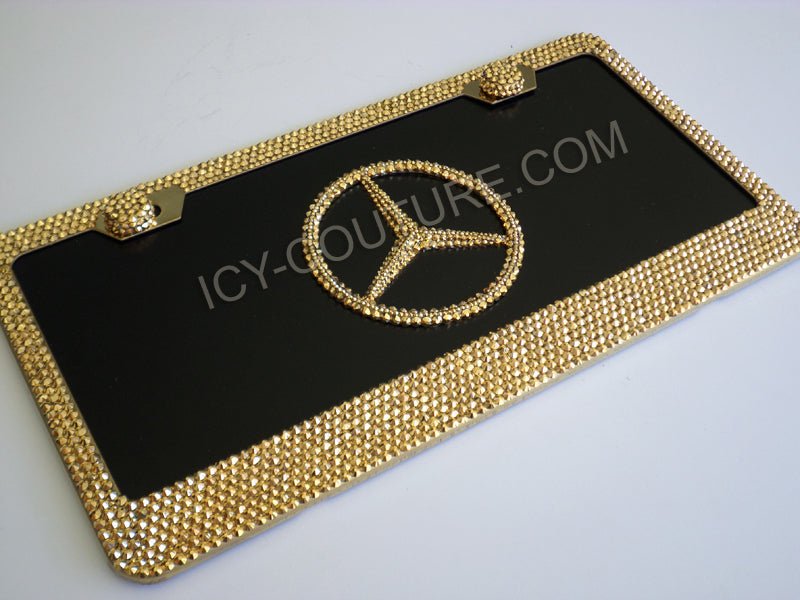 Mercedes License Plate with Gold Crystallized Logo and Matching 24K Gold Crystal License Plate frame with screw caps
