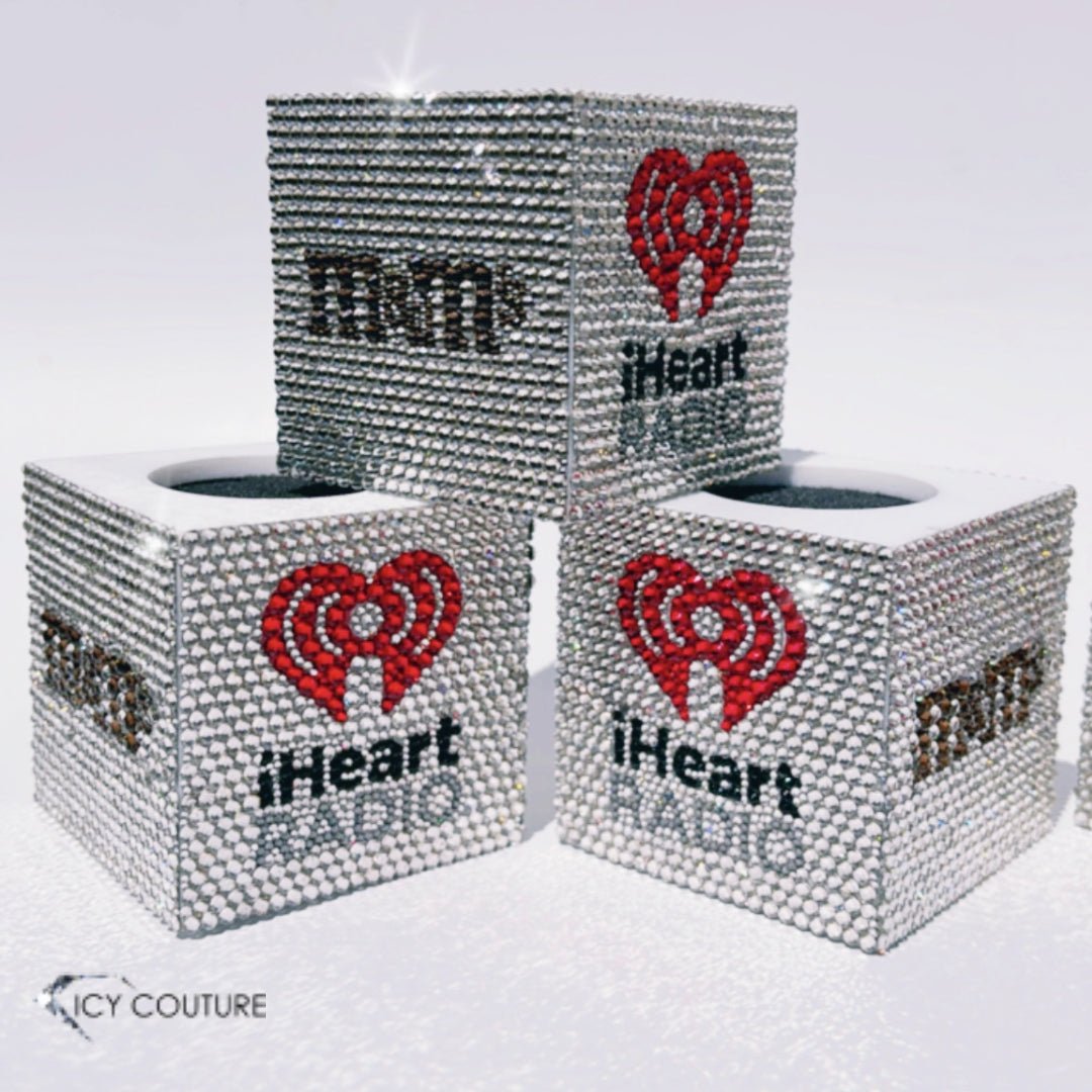 Custom Rhinestone Microphone Flag Crystallized with iHeart Radio Logo on Diamond Clear Rhinestones Background and M&M Logo by ICY Couture
