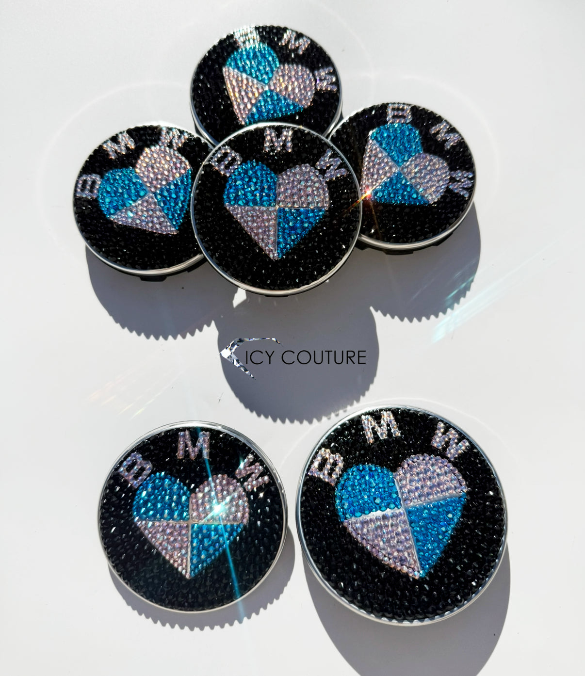 BMW Crystal Emblems Set — Hood, Trunk, And 68mm Wheel Caps Crystallized With Premium Glass Rhinestones