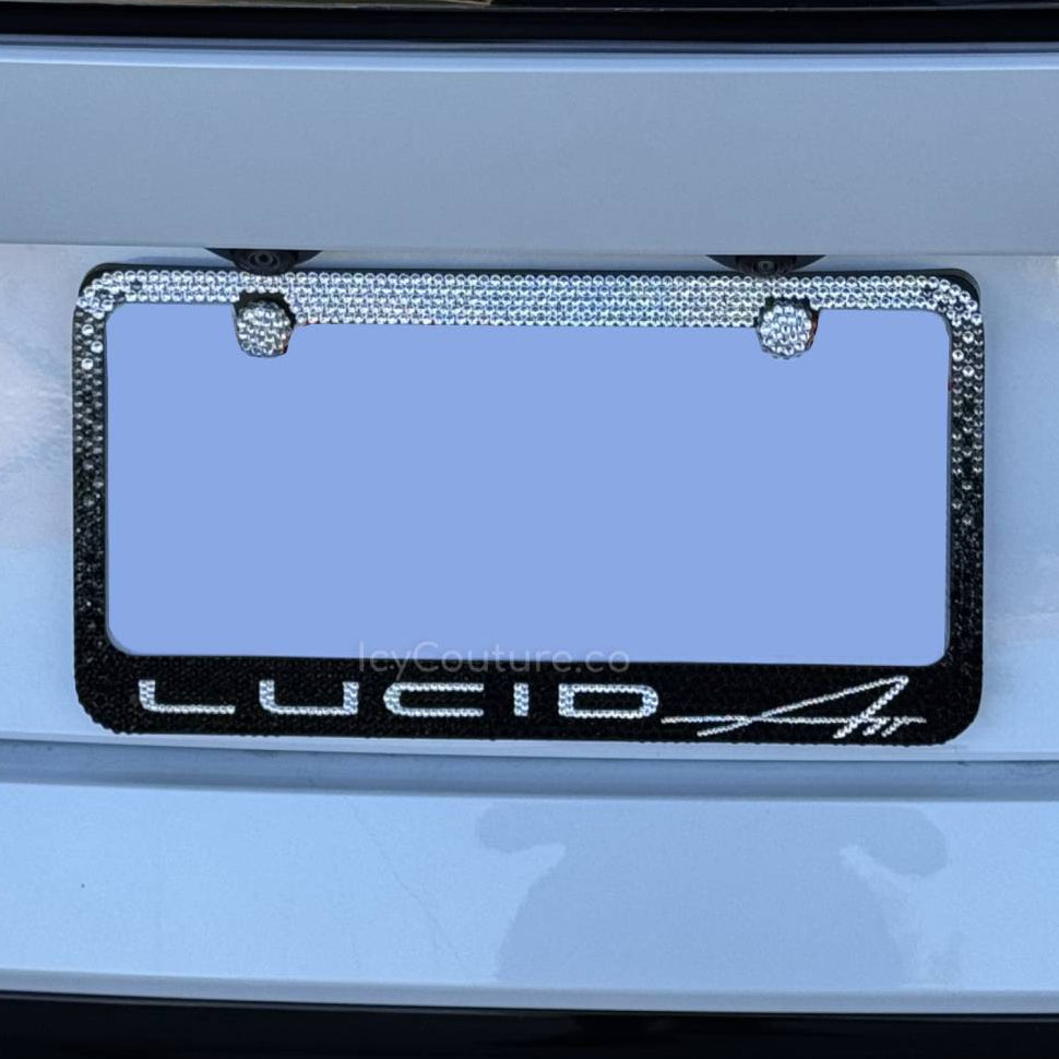 Crystallized 'Lucid Air' License plate frame on a car, featuring Black Diamond Ombre Design with Swarovski Crystals by ICY Couture.