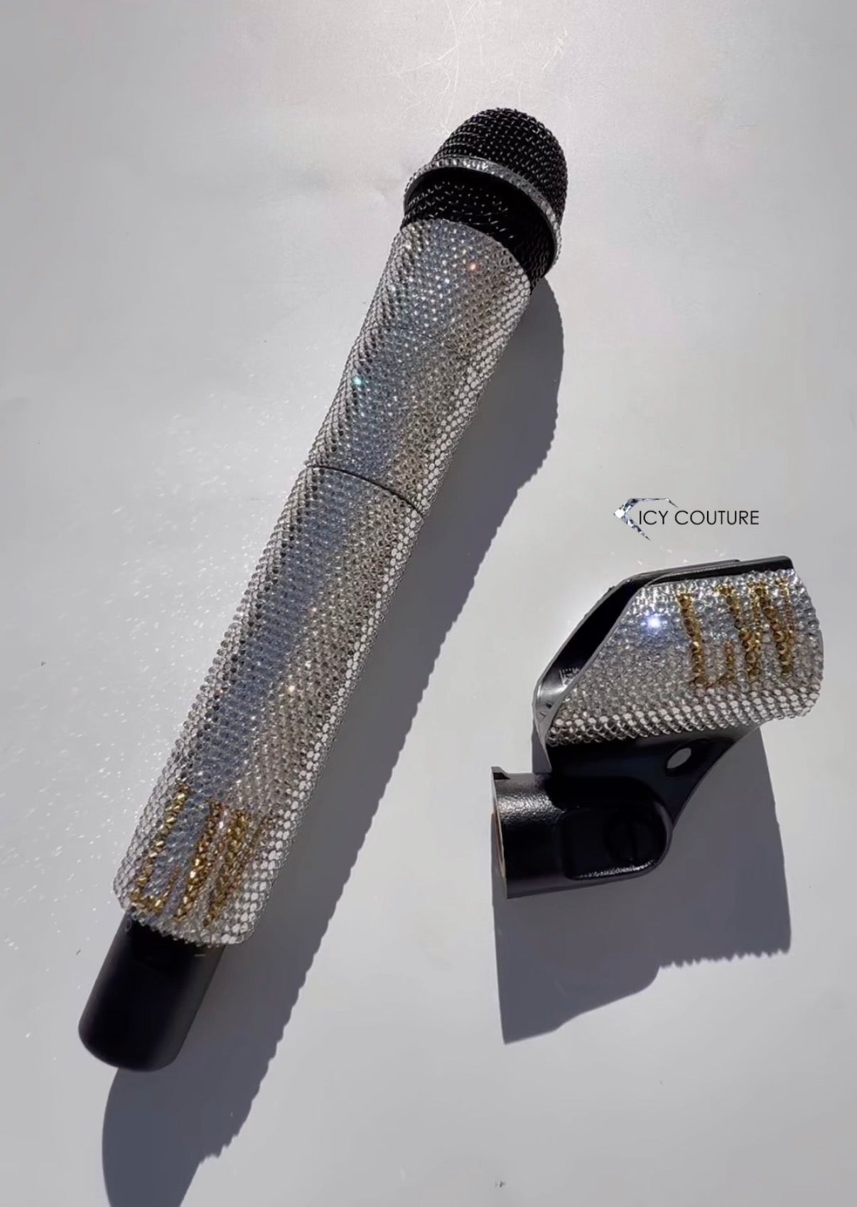 Swarovski Microphone crystallized with small sizes of Clear Crystals and 24K Gold Initials on the mic and bedazzled mic clip holder.