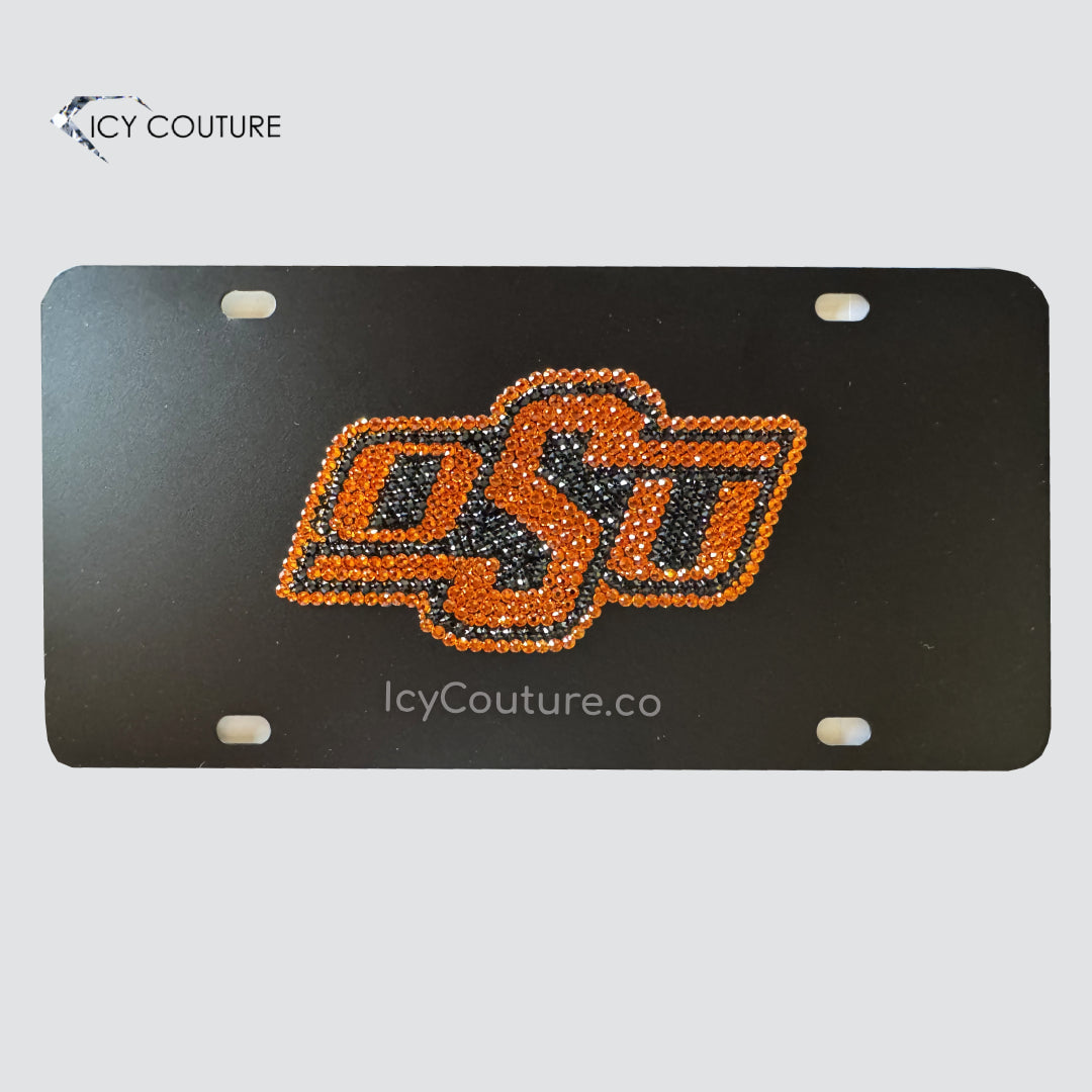 'OSU' logo featuring orange Sun and Jet Black Swarovski crystals on a black license plate