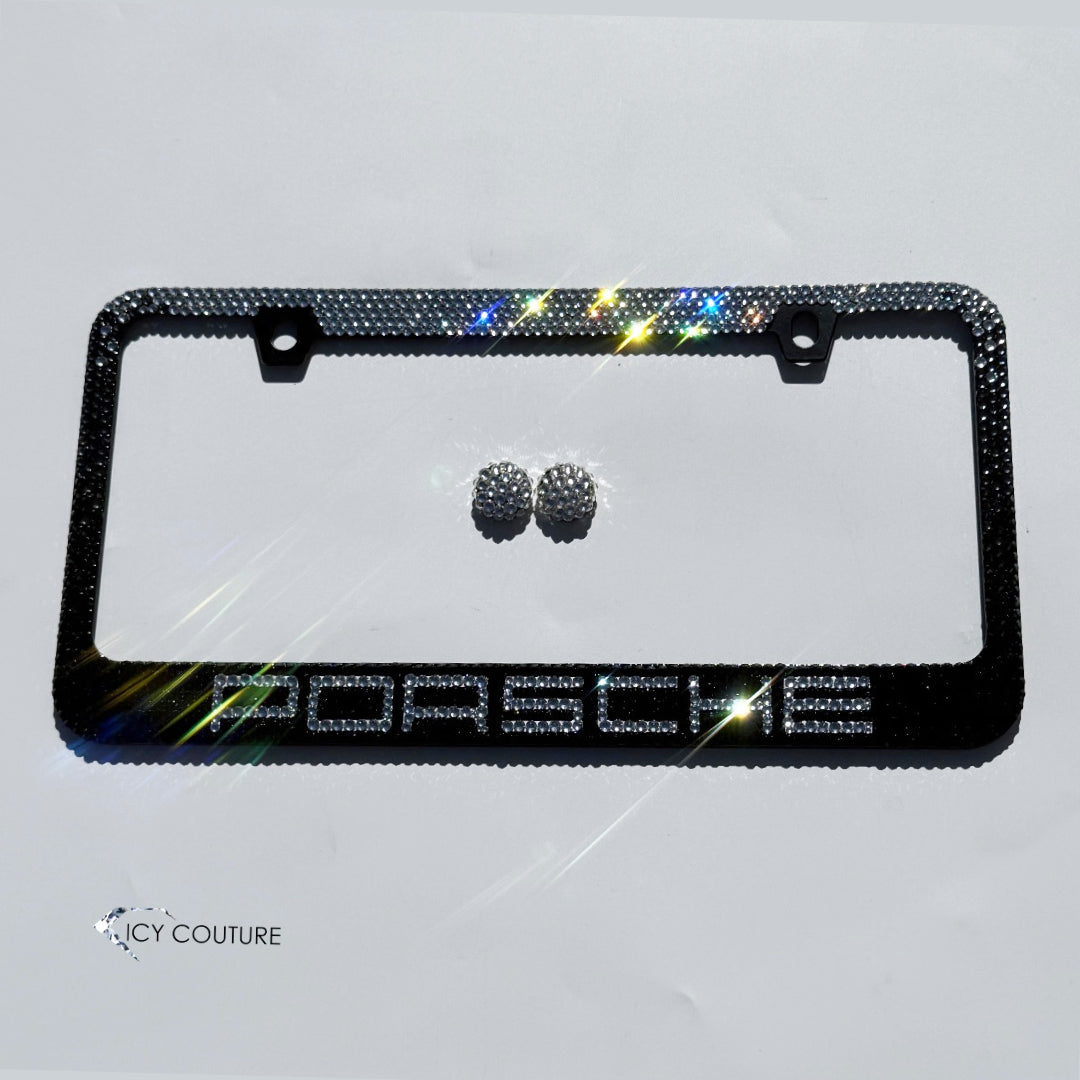 Porsche License Plate Frame Crystallized with Black Diamond Ombre Premium Glass Rhinestones by ICY Couture. 