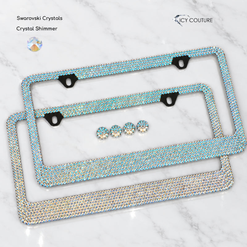 Swarovski Crystal Shimmer license plate frames with matching screw caps by ICY Couture, hand-crystallized luxury car accessories and custom bling gifts.