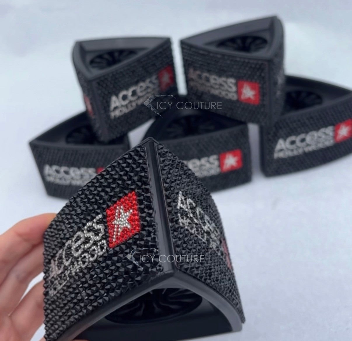 Custom Mic Flags Crystallized with Black Rhinestones background and Clear letters Access Hollywood and red star logo Design by ICY Couture 