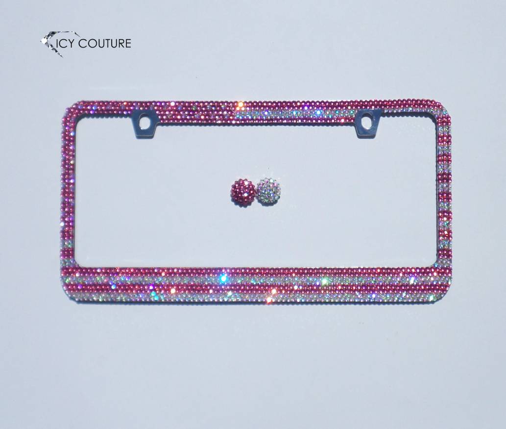 American Flag License Plate Frame Crystallized in Pink and Iridescent AB  Premium Glass Rhinestones by ICY Couture.