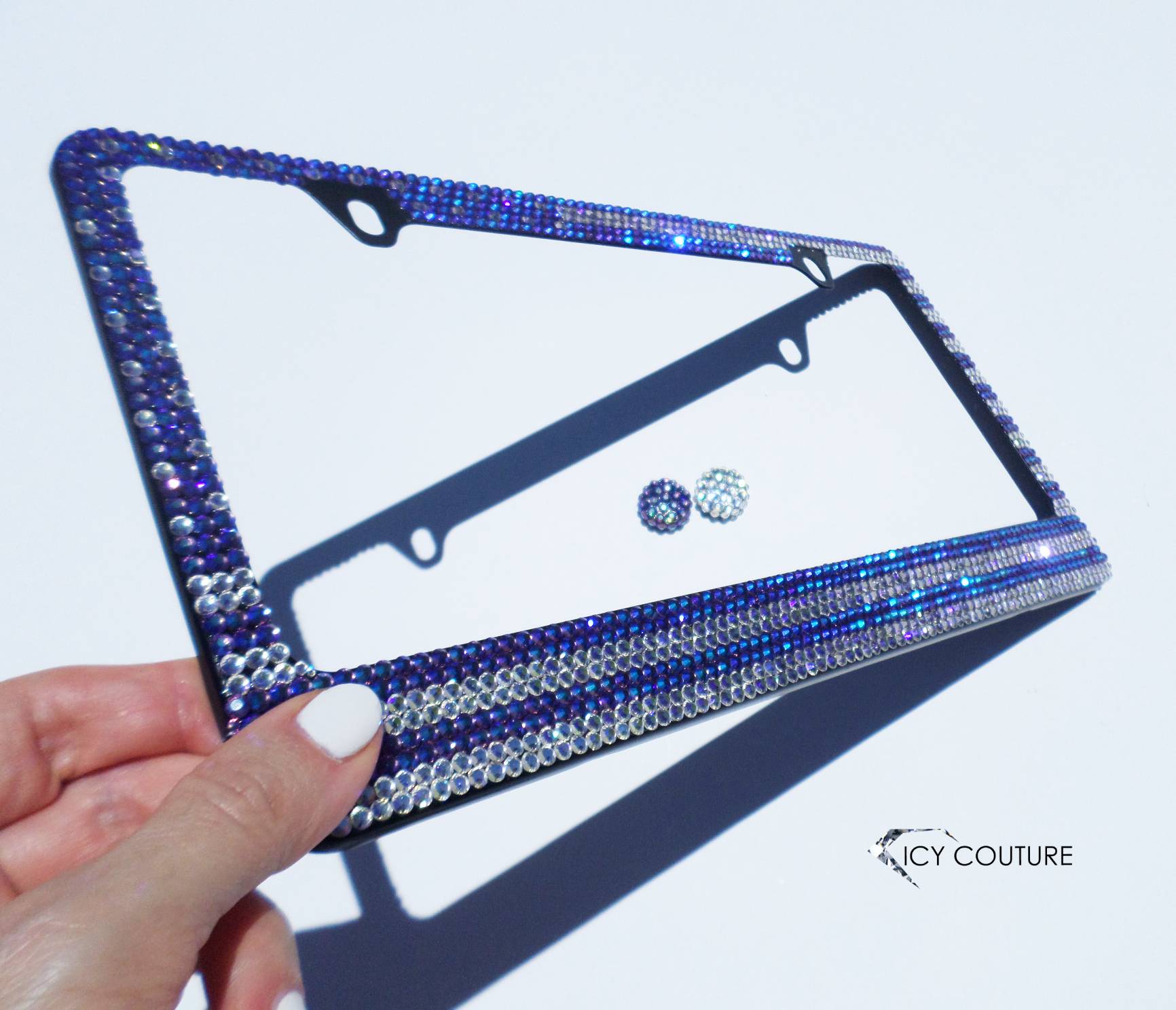 American Flag License Plate Frame Crystallized in Purple AB and Moon Light Premium Glass Rhinestones - Details