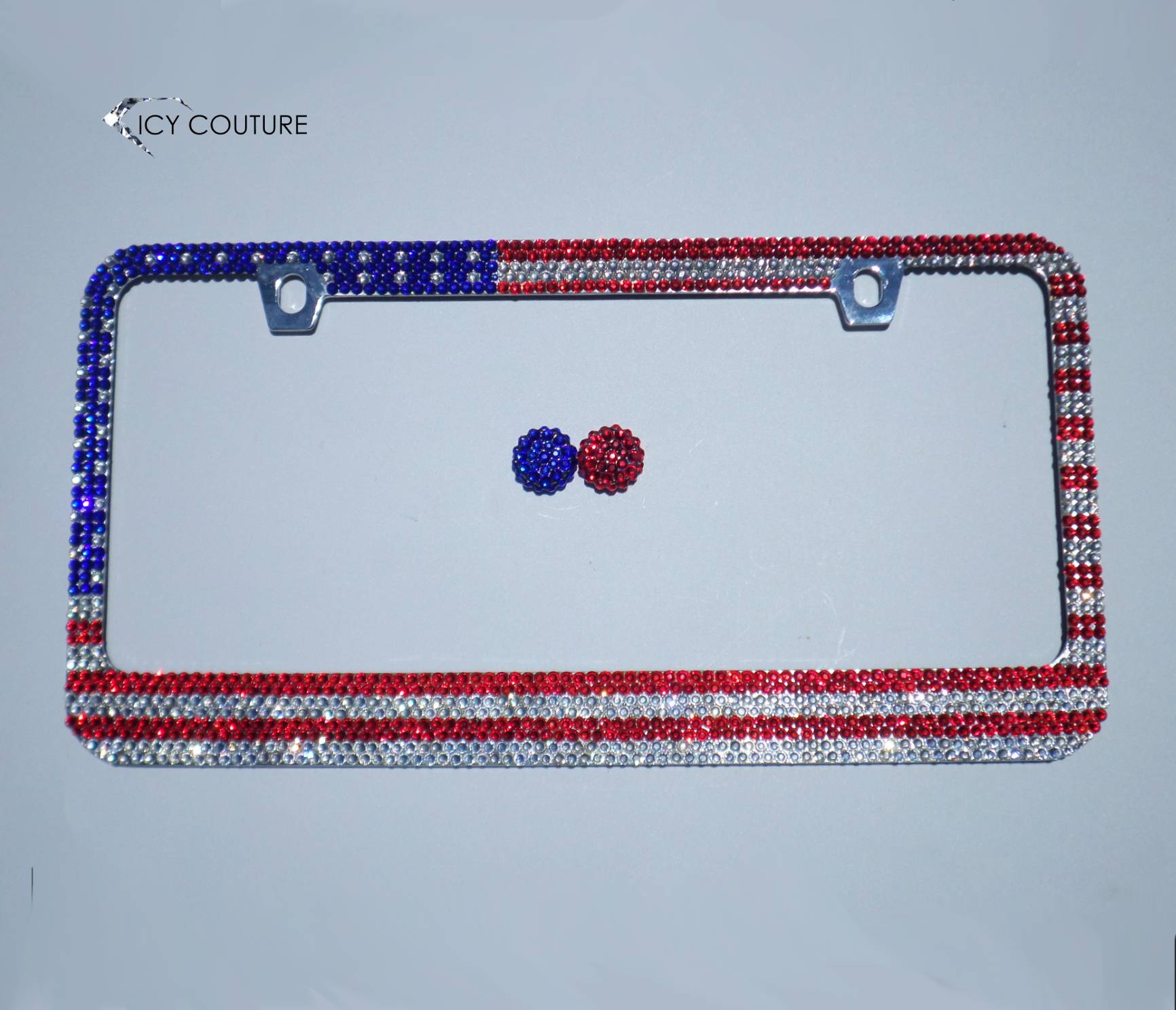 American Flag License Plate Frame Crystallized in Red/White/Blue with Premium Glass Rhinestones by ICY Couture.