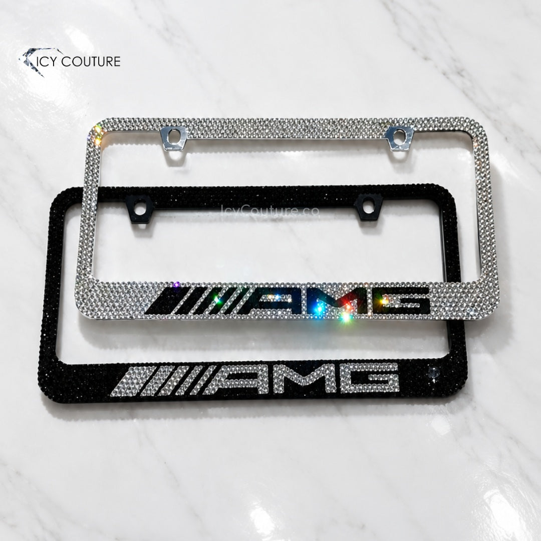 Custom Mercedes AMG License Plate Frames in Clear and Black Crystals with opposite colors AMG letters for new car owners luxury car make over by ICY Couture
