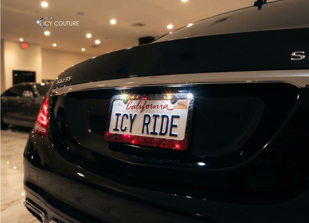 Close up on installed Rock Chick Crystal License Plate Frame design by ICY Couture with Clear, Black Diamond to Red ombre for luxury car makeover. 