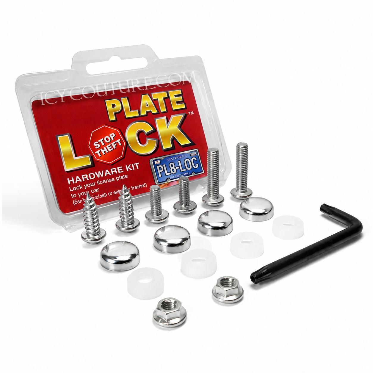 A plate lock hardware kit with silver screws, nuts, washers, and a black hex wrench, displayed in front of a clear plastic package with a red and yellow label.