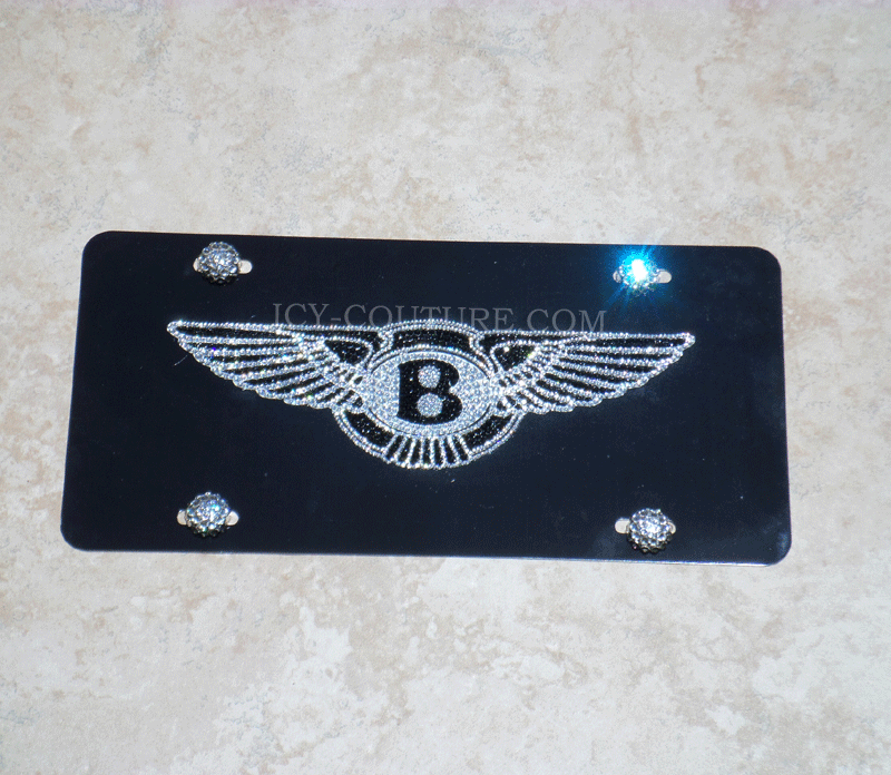 Custom Crystallized Bentley License Plate Black and Diamond Clear with matching screw caps by ICY Couture.