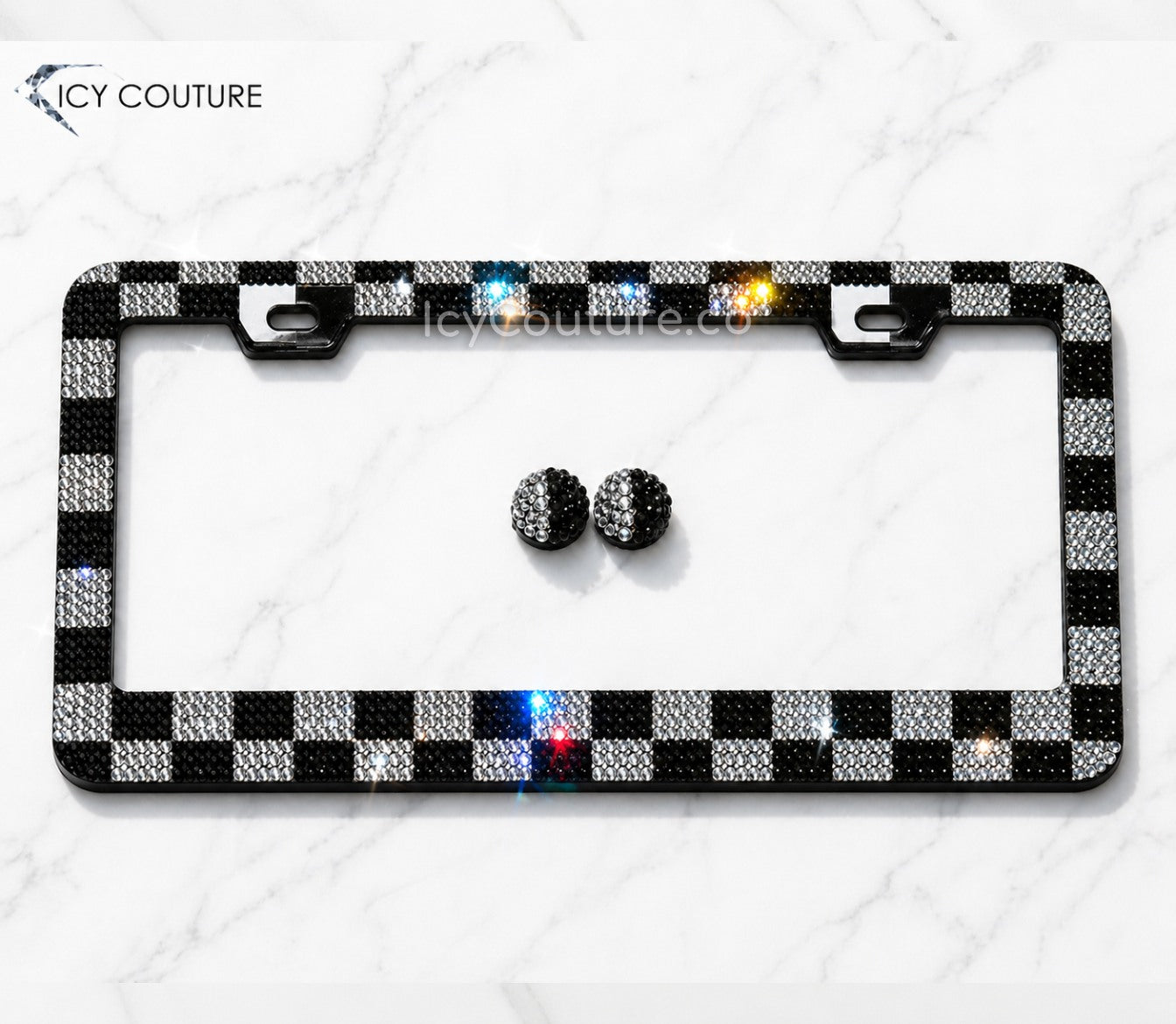 Checkerboard Crystal License Plate Frame By ICY Couture With Matching Crystal Screw Caps, Rhinestone Bling Plate Frame On White Background