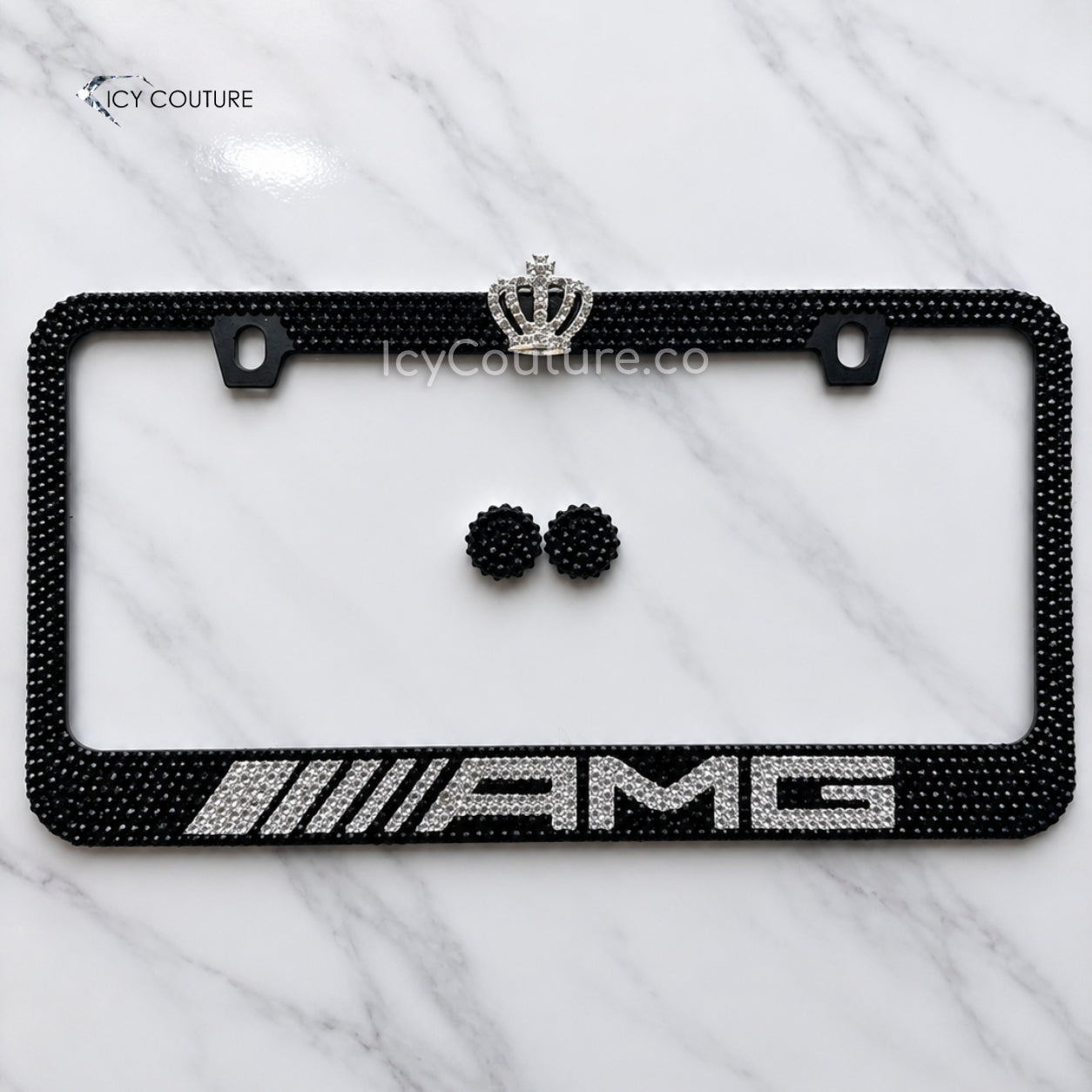 Custom black crystal AMG license plate frame with silver crown accent and matching black crystal screw caps by ICY Couture