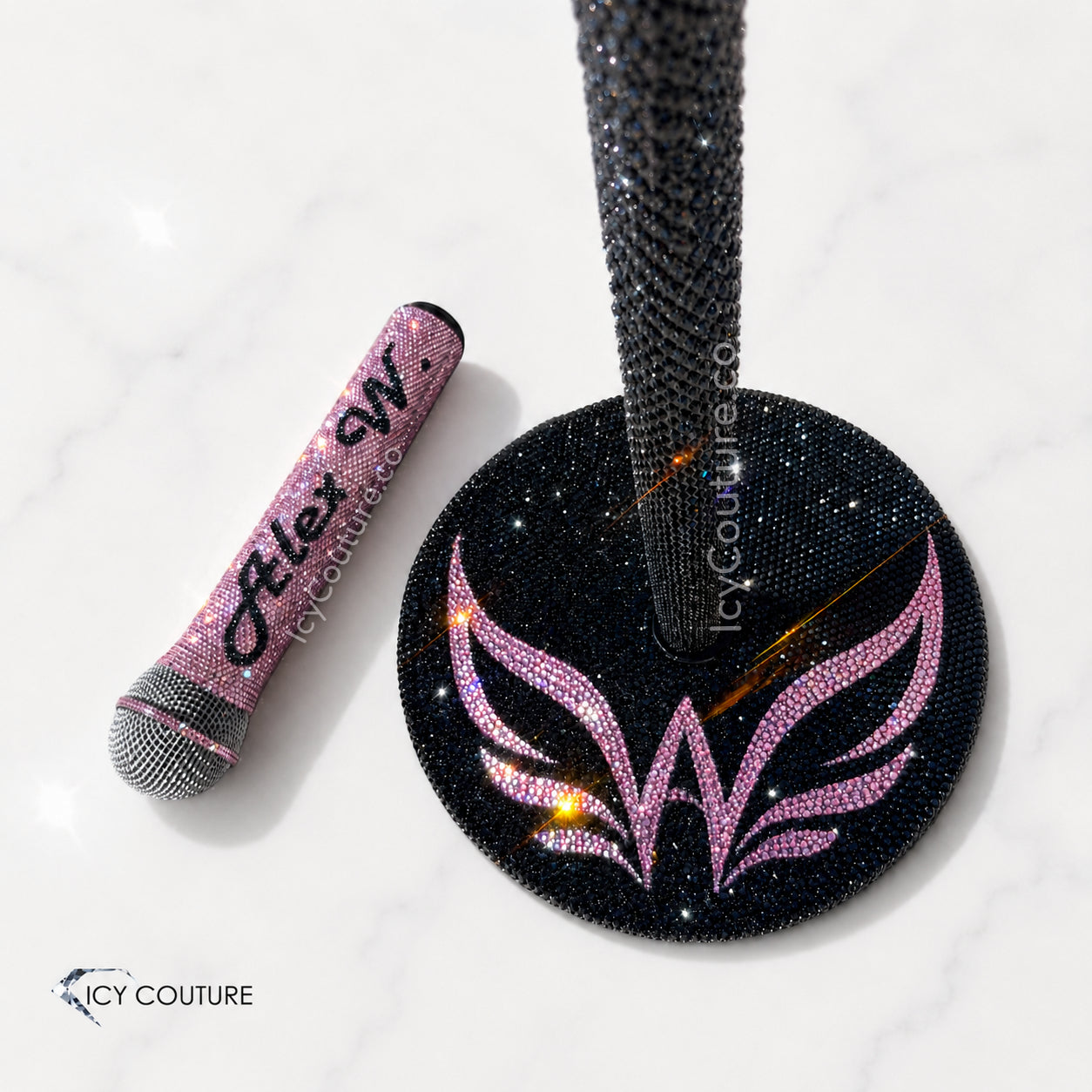 Black Crystal Mic Stand With Custom Logo In Light Rose Rhinestones And Pink Crystal Microphone With Black Name by ICY Couture luxury stage accessories