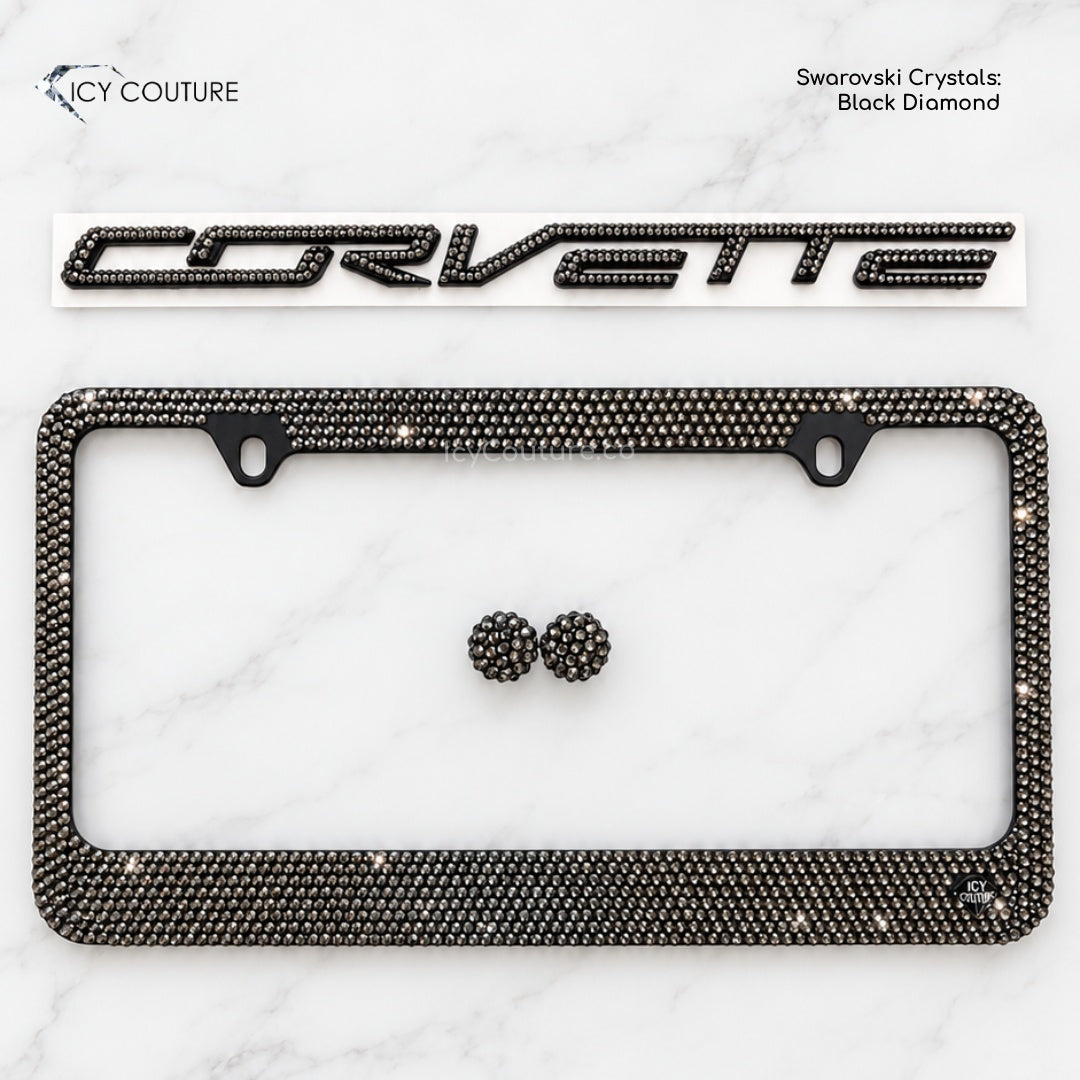 Black Diamond Corvette Letters with matching license plate frame hand-crystallized with Swarovski Crystals for luxury car makeover and personalize gift by ICY Couture.