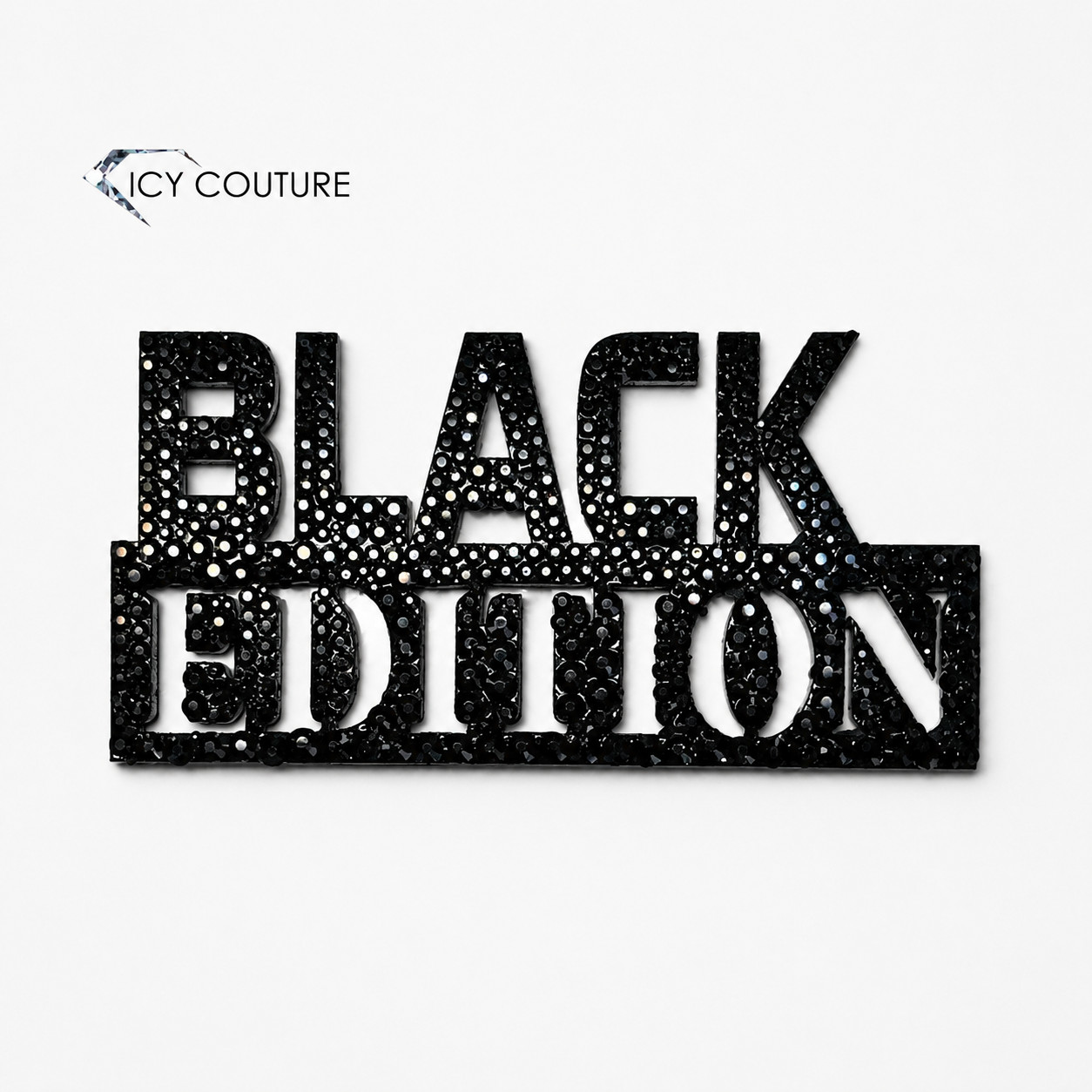 Black Edition custom crystal car emblem by ICY Couture with black rhinestones on a custom-carved stainless steel base