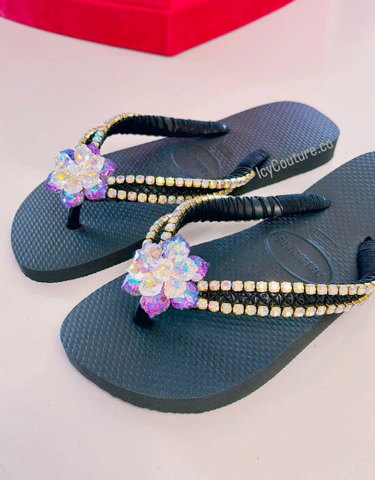 Black Havaianas Flip-Flops with XL Crystal Bling Hawaiian Flower & Rhinestone Chain - ICY Couture