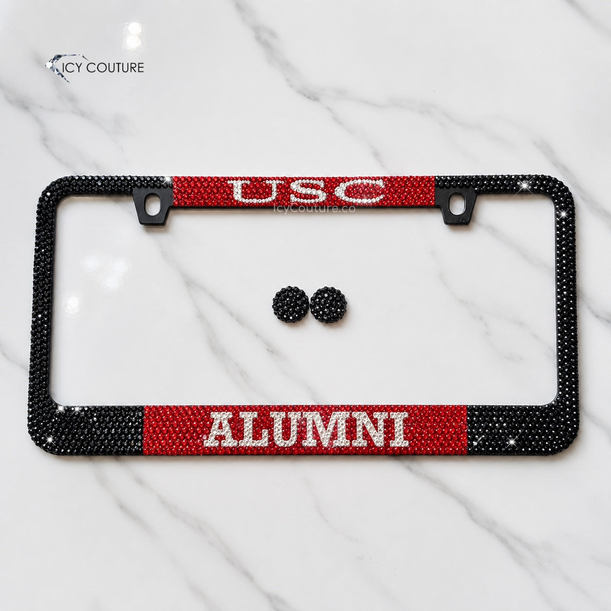 Black and red alumni-style rhinestone license plate frame by ICY Couture with clear rhinestone lettering for college students, graduates, and alumni gifts