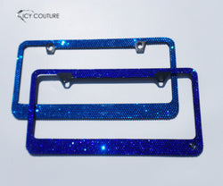 Blue on Black Crystal Bling License Plate Frame: Cobalt Blue, Capri, Sapphire - ICY Couture