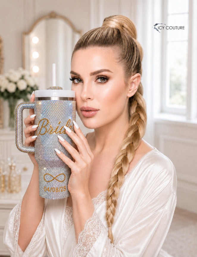 Personalized Bride Crystal Tumbler By ICY Couture With Infinity Symbol And Wedding Date, Custom Hand-Crystallized Luxury Wedding Gift For Brides And Bridal Showers.