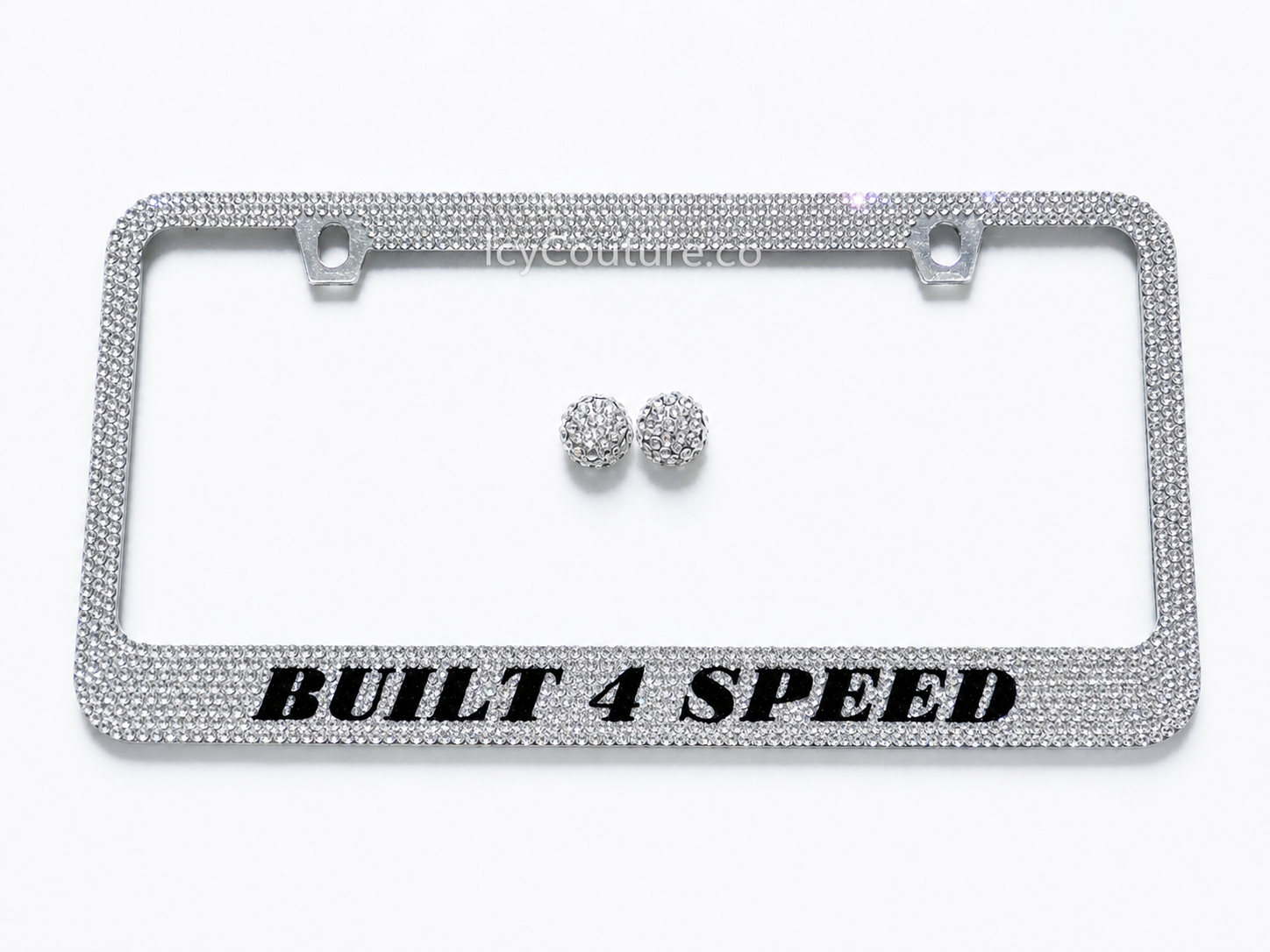 Custom Built 4 Speed crystal license plate frame with clear rhinestones and matching screw caps by ICY Couture.