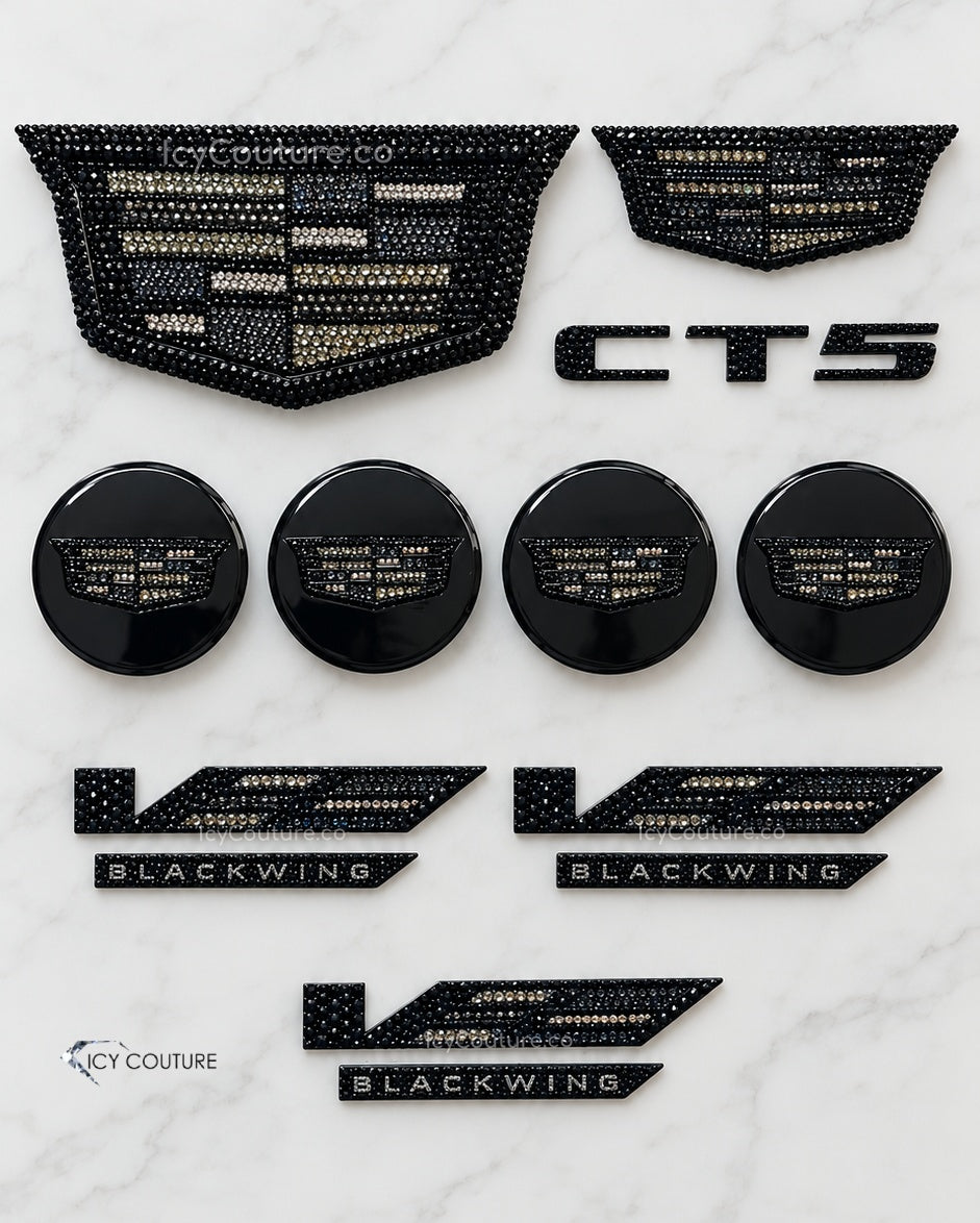 Custom crystal Cadillac CT5 Blackwing emblem set with two Cadillac emblems for front grille and back lift fate, four wheel caps, and three V and Blackwing badges for luxury car gifts by ICY Couture
