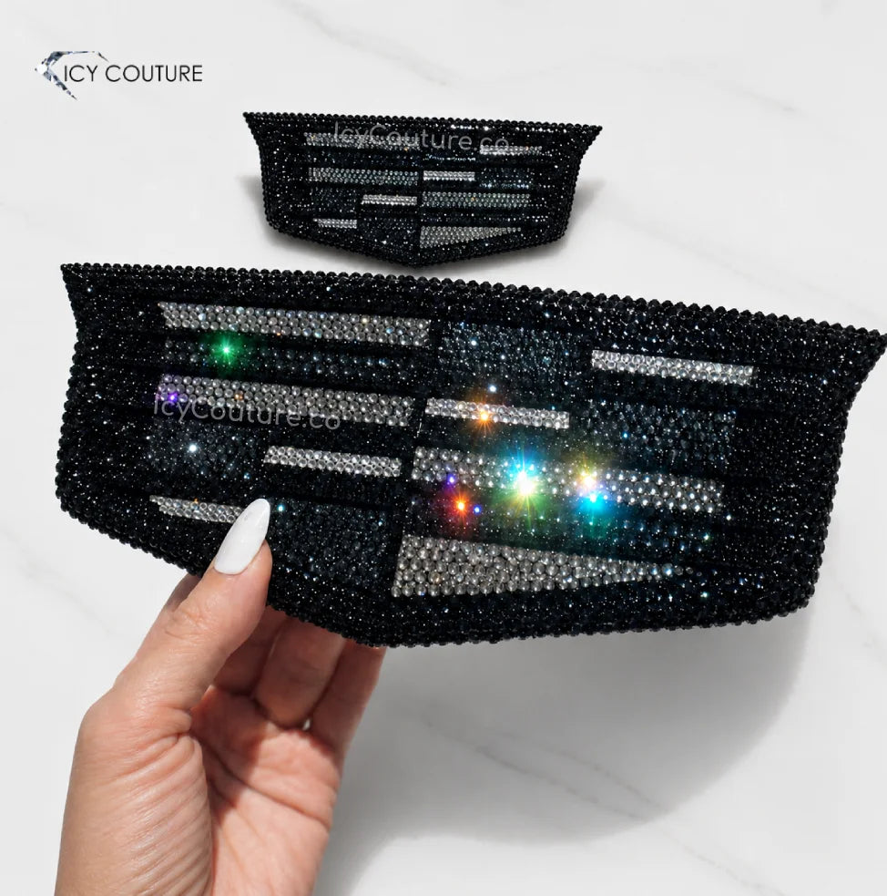 Cadillac Emblems Set Custom Crystallized in Blacked out Theme with Swarovski Crystals for luxury car make over for new Cadillac owners by ICY Couture