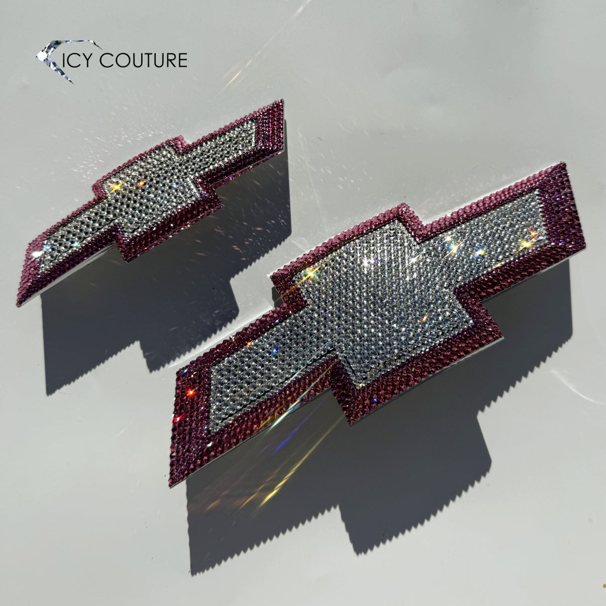 Chevy Crystal Bowtie Emblems Front And Back Crystallized With Swarovski Clear Crystals And Pink Outline