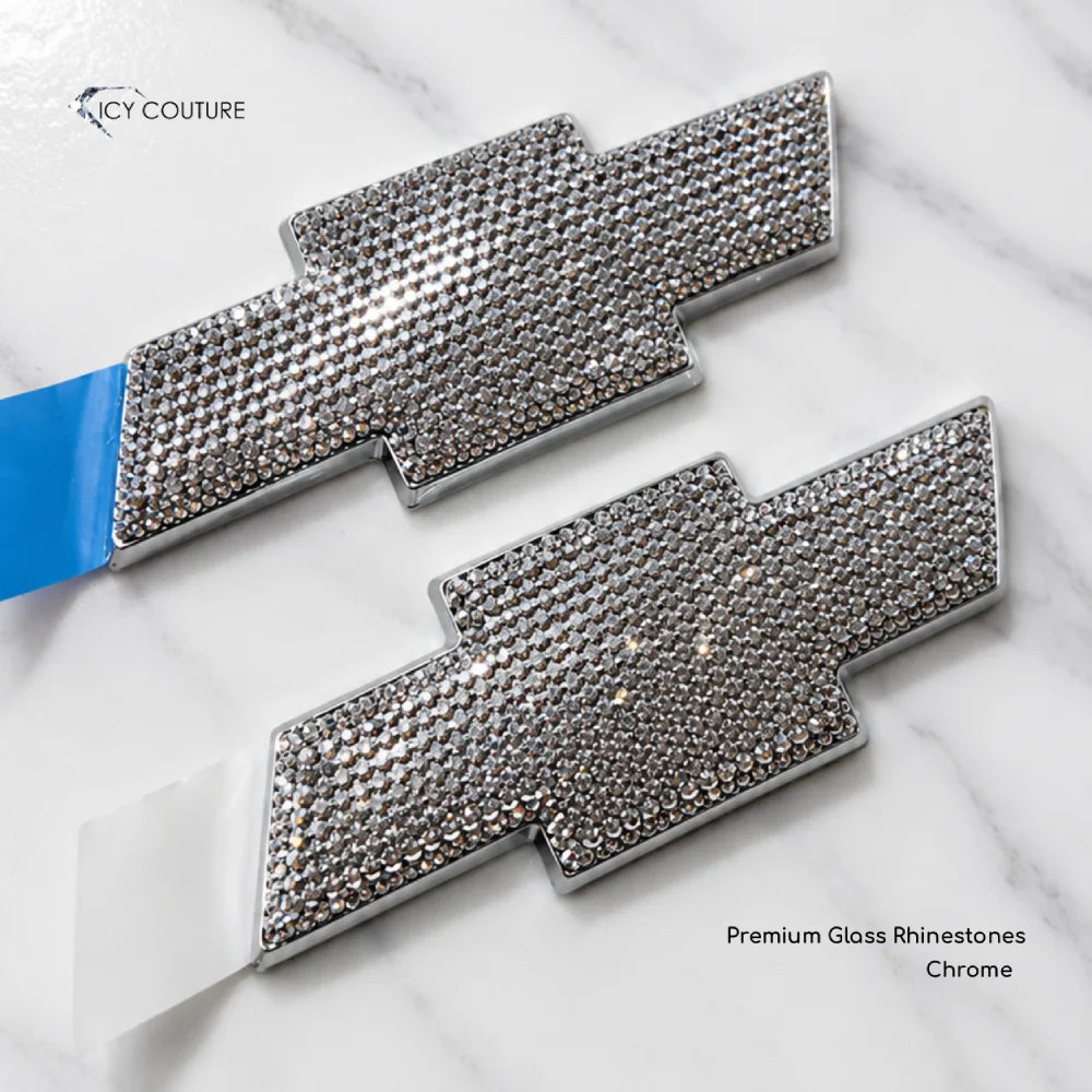 Two custom chrome Chevy emblems, front and back silver bowties  covered in sparkling chrome rhinestones for luxury car make over for new Chevrolete owners by ICY Couture.