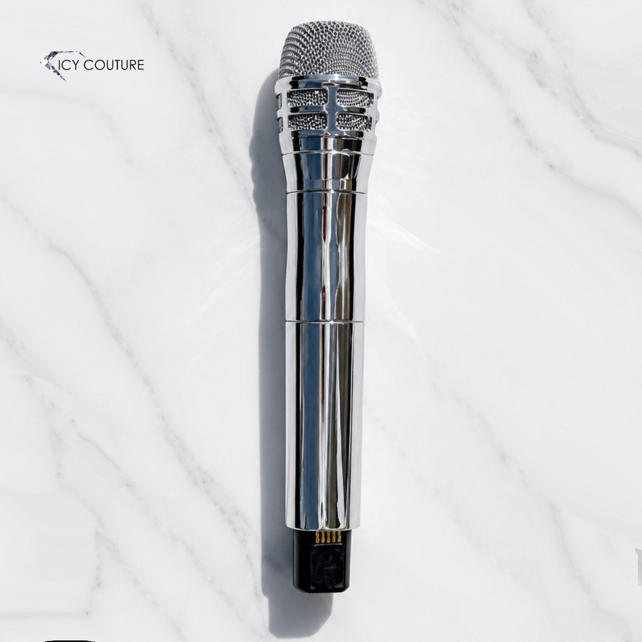 Chrome-plated microphone with mirror metallic finish showing chrome coating craftsmanship custom stage accessories by ICY Couture. 