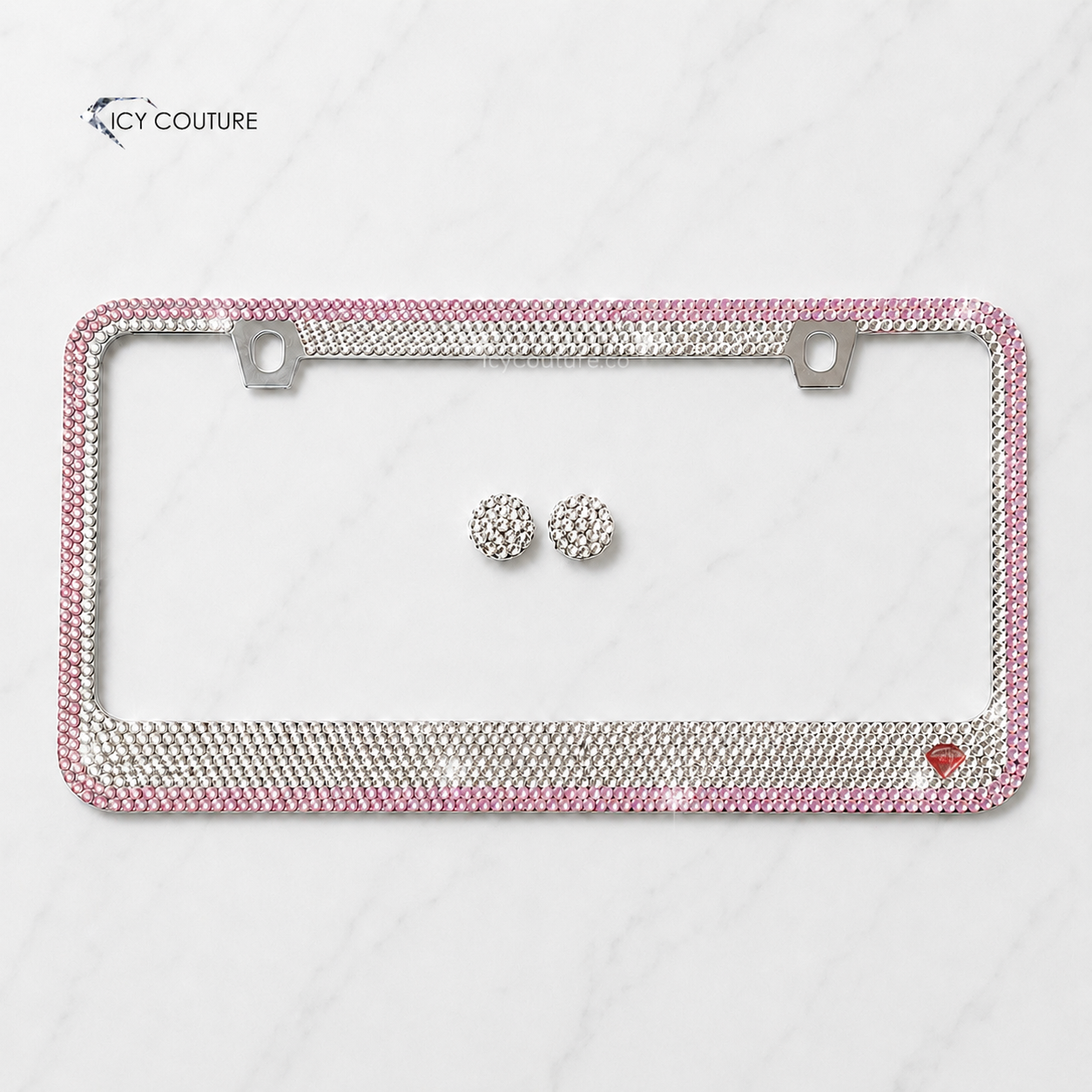 elegant Two-tone rhinestone license plate frame by ICY Couture with Clear Premium Glass Rhinestones and an ICY Pink 2-row outline with matching screw caps