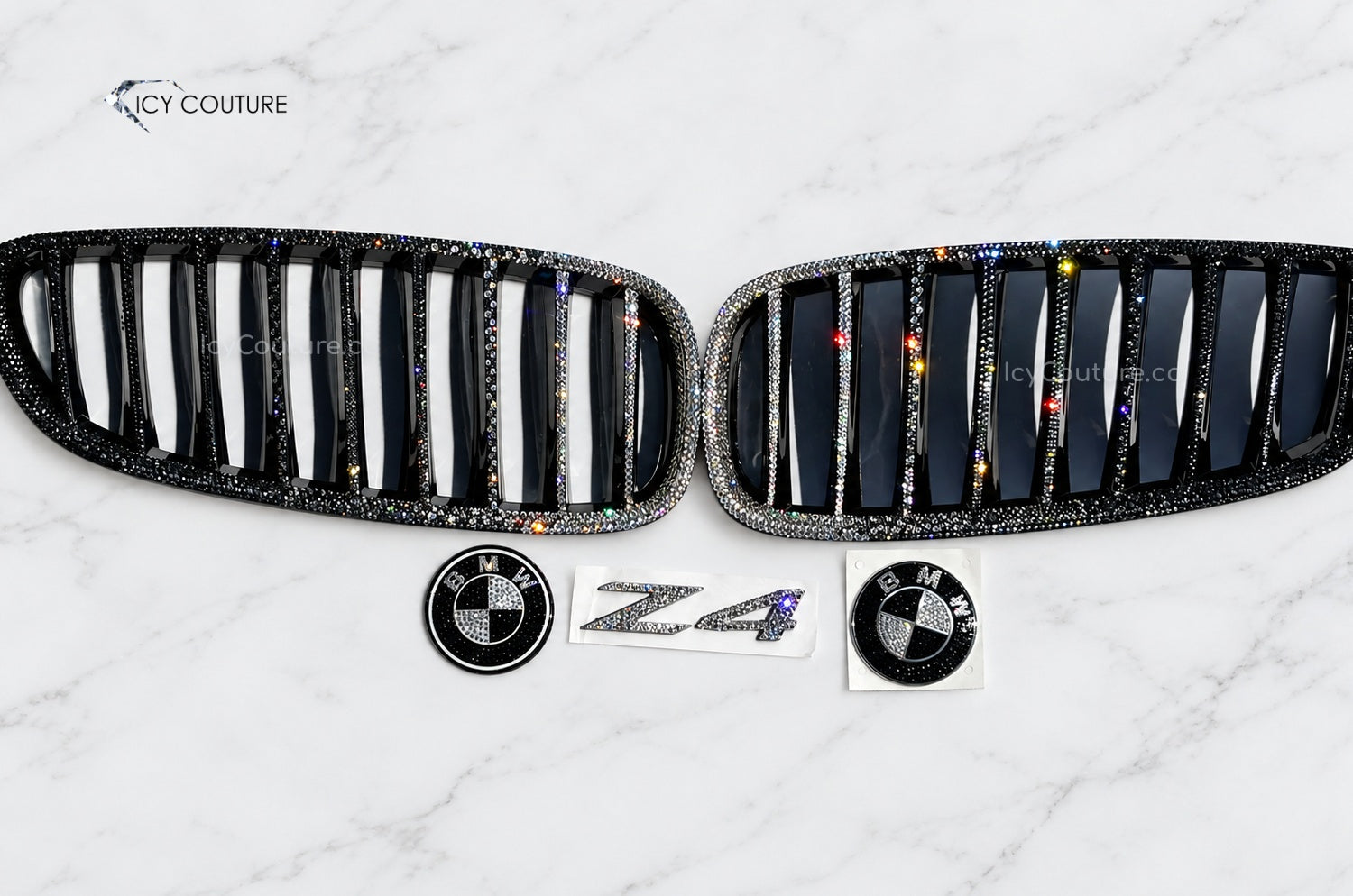 Custom BMW Z4 front grille and matching emblems hand-crystallized with Jet Black, Jet Hematite, Black Diamond and Clear Swarovski crystals for luxury car makeover and personalized gifts for new BMW owners by ICY Couture.