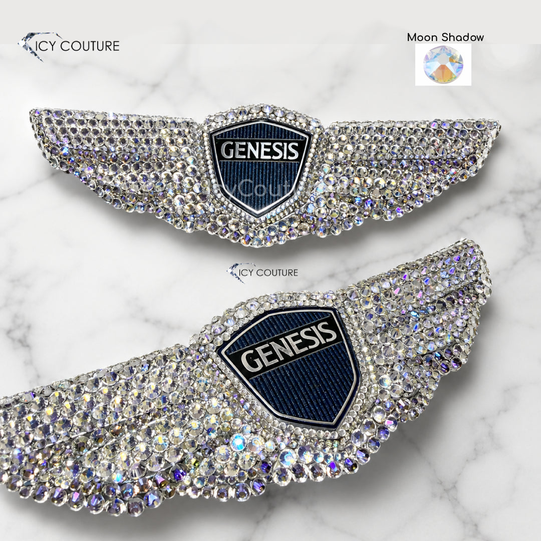 Premade Genesis G80 Front and Back Emblems PARTS 86320-B1600 and 86330-B1600,  Bedazzled  with Crystal Moonlight Rhinestones by ICY Couture
