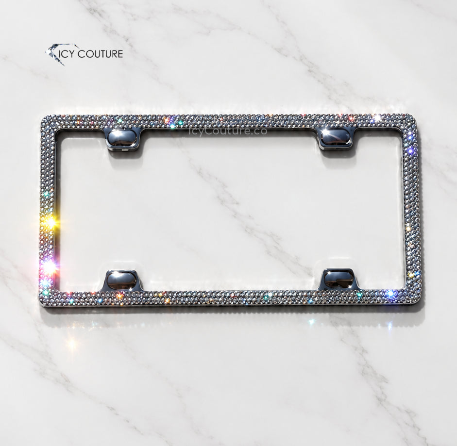 3-row clear crystal license plate frame by ICY Couture, hand-crystallized for luxury car gifts and custom automotive accessories.
